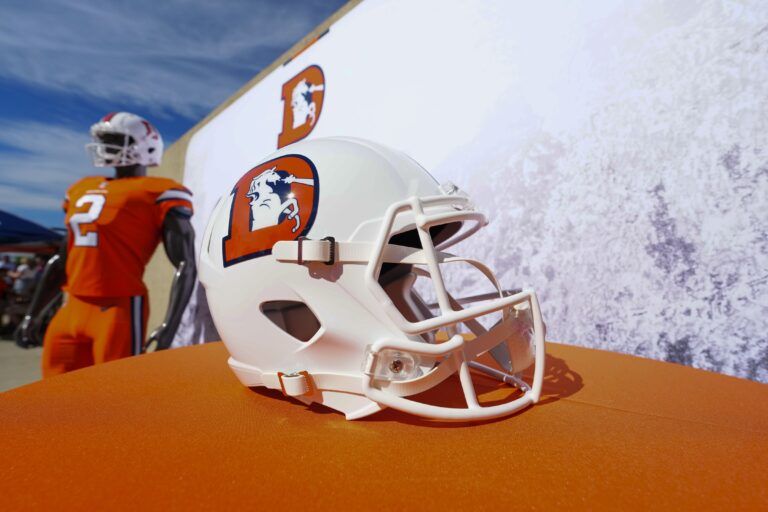General view of the alternate helmet for the Denver Broncos before the start of training camp drills at the Centura Health Training Center.