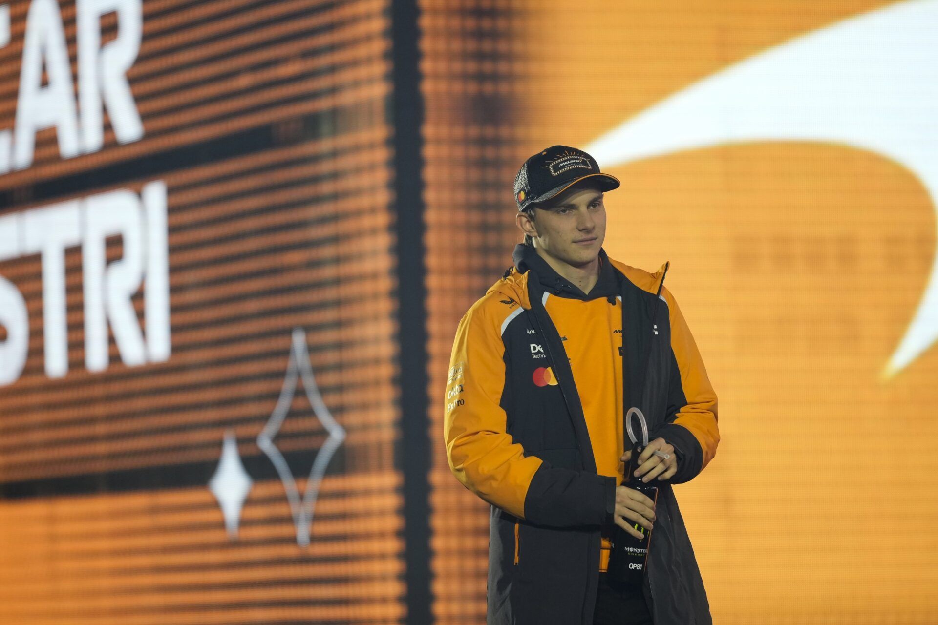 McLaren driver Oscar Piastri (81) arrives for the Las Vegas Grand Prix drivers parade at the Las Vegas Strip Circuit.