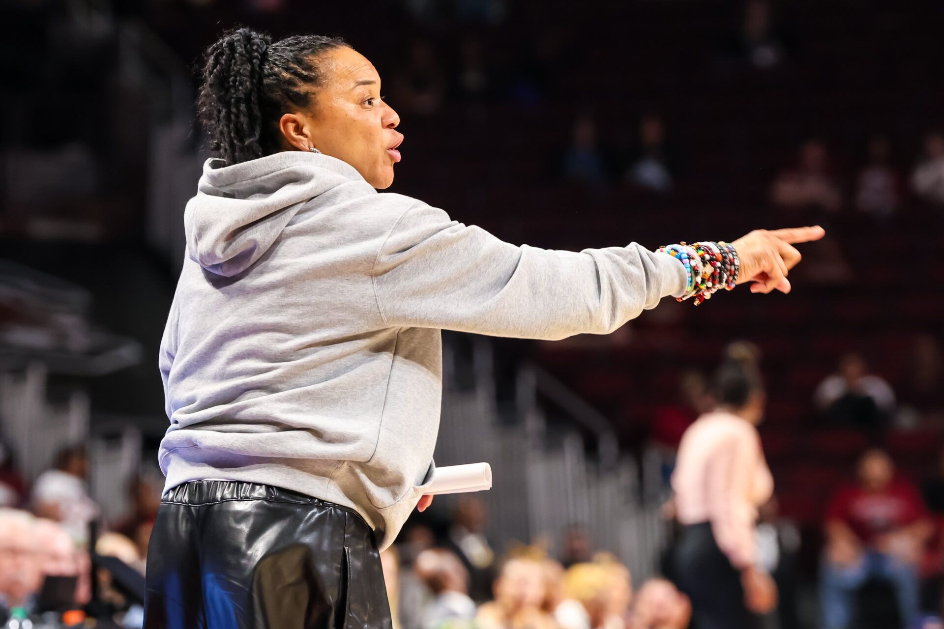 South Carolina Gamecocks head coach Dawn Staley directs her team against the Queens Royals in the second half at Colonial Life Arena.