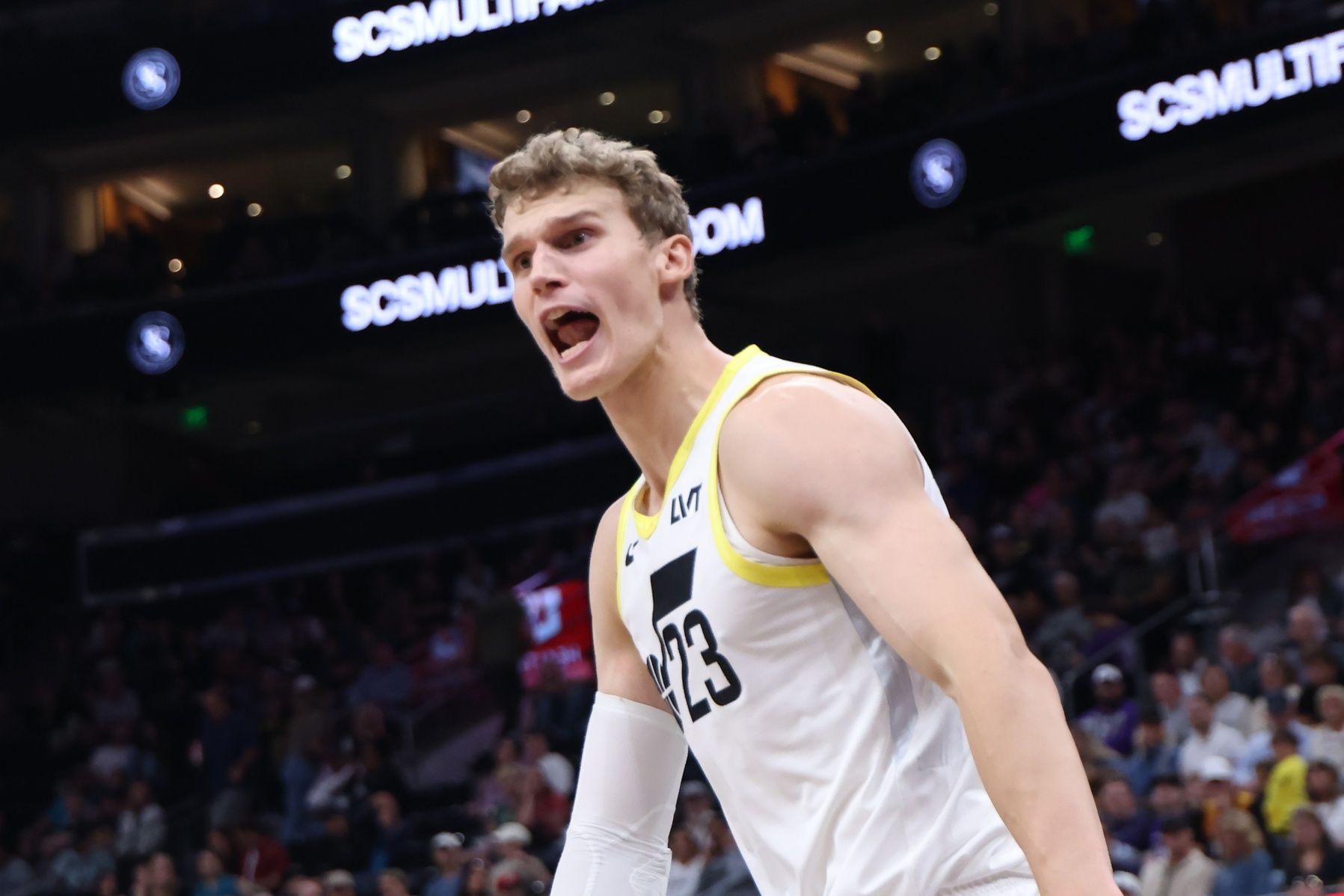 Utah Jazz forward Lauri Markkanen (23) reacts to a play against the Sacramento Kings during the second quarter at Delta Center.