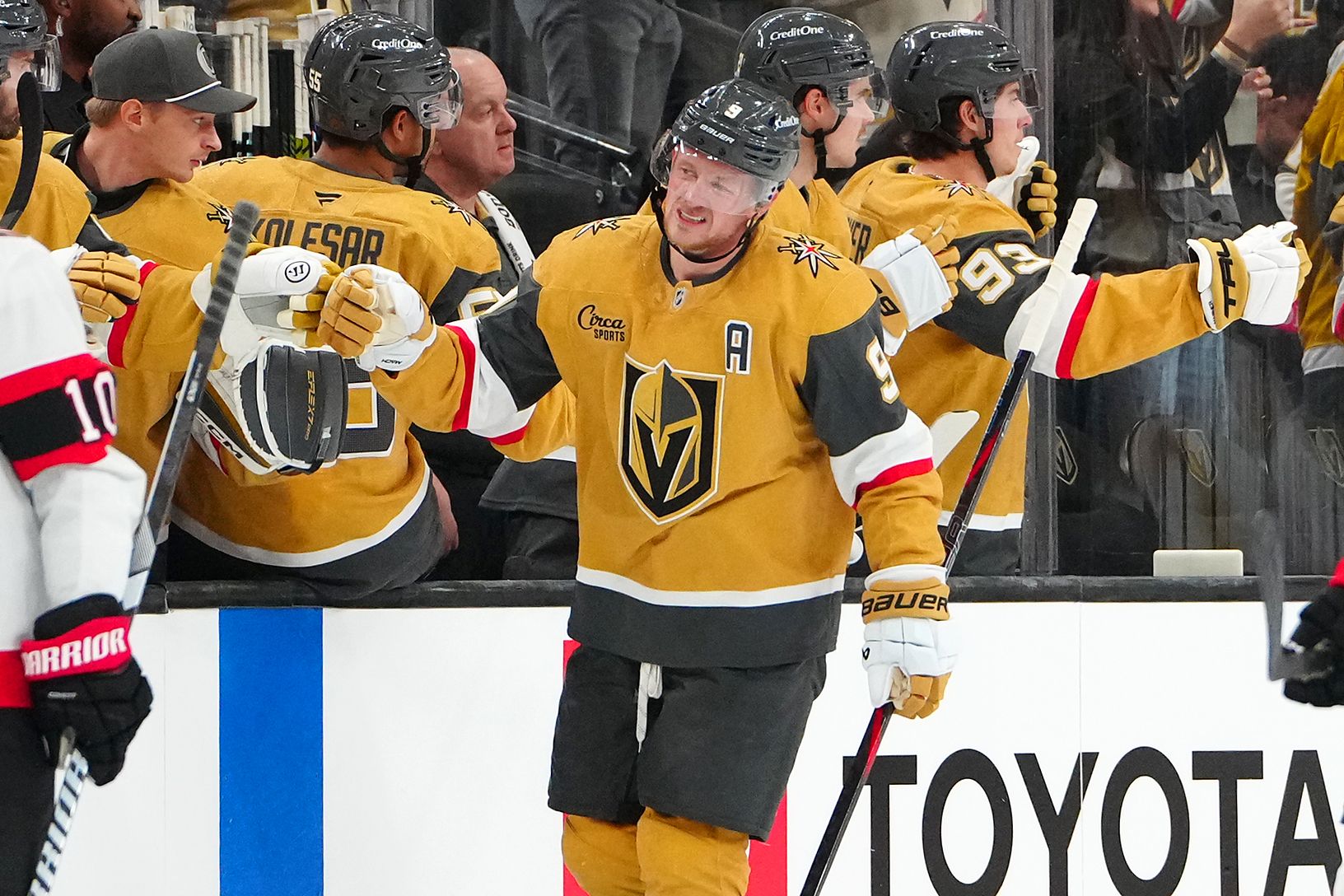 Vegas Golden Knights center Jack Eichel (9) celebrates after scoring a goal against the Ottawa Senators during the second period at T-Mobile Arena.