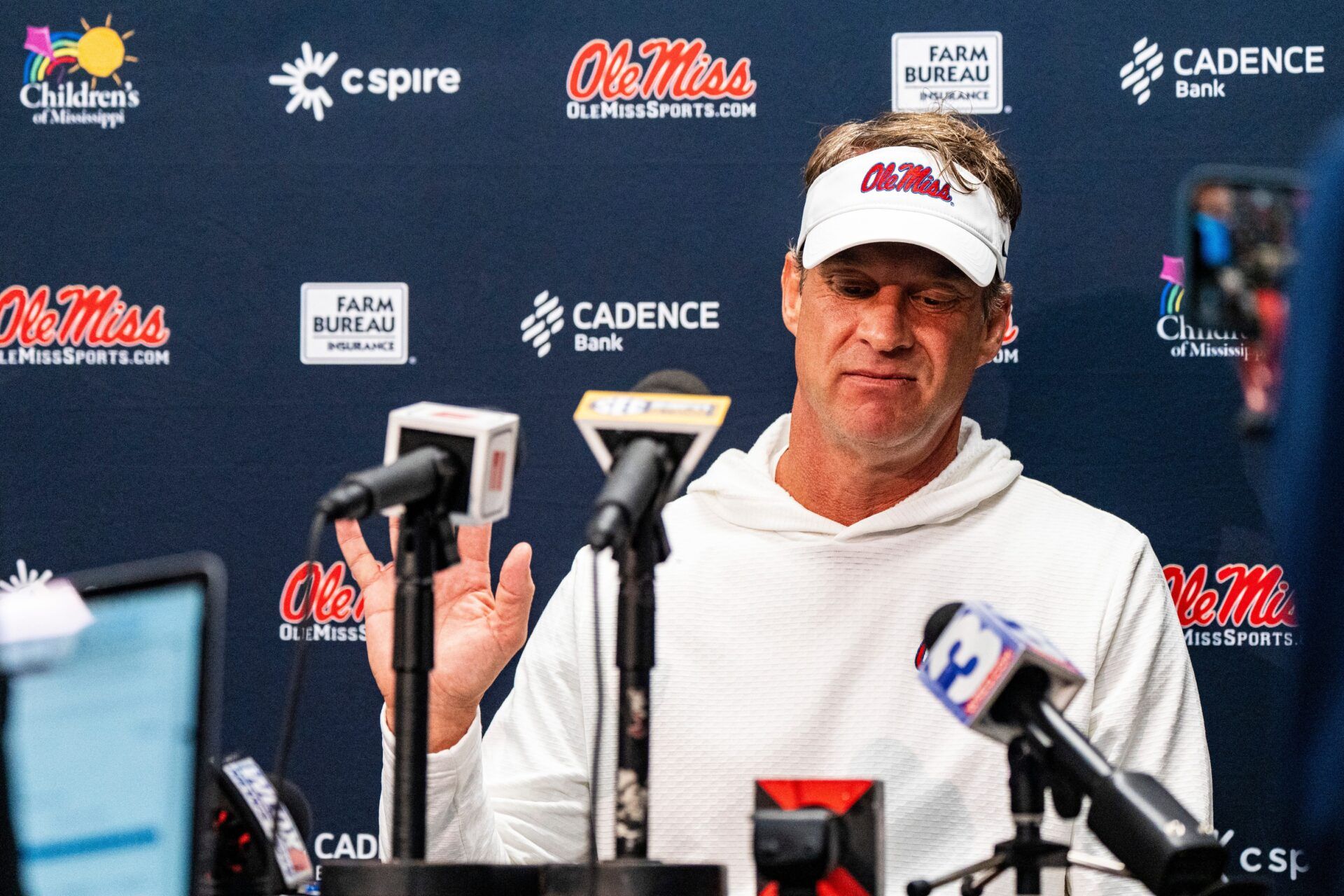 Ole Miss head coach Lane Kiffin answers questions from the press after a college football game between Mississippi State and Ole Miss at Davis Wade Stadium in Starkville, Miss., on Friday, Nov. 28, 2025. Ole Miss defeated Mississippi State 38-19 in the Egg Bowl.