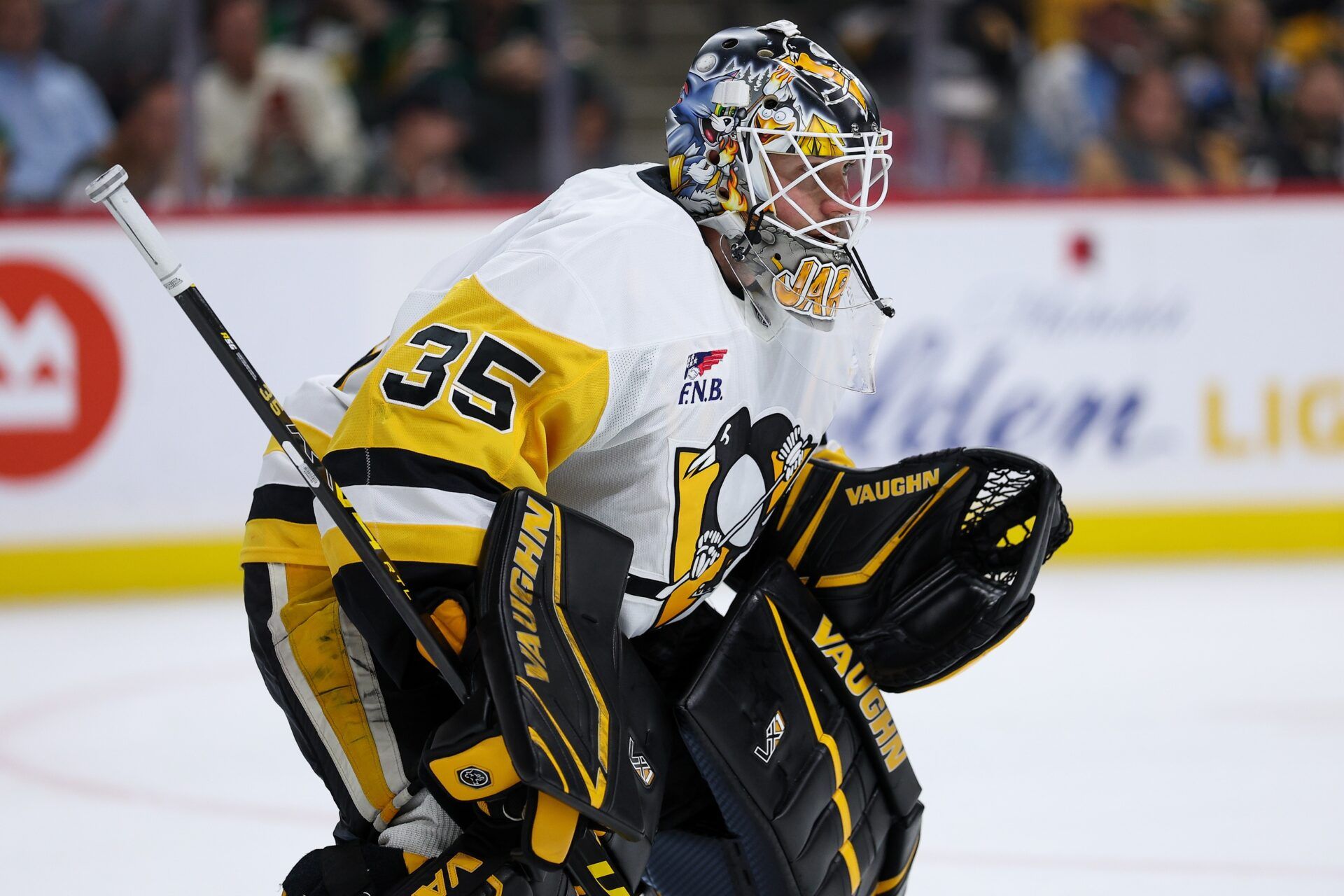 Pittsburgh Penguins goaltender Tristan Jarry (35) defends against the Minnesota Wild during the second period at Grand Casino Arena.