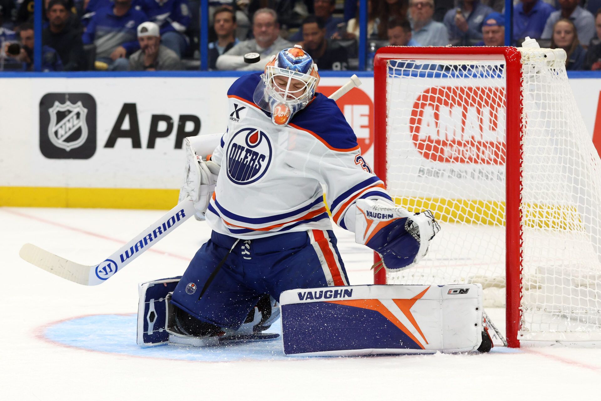 Edmonton Oilers goaltender Calvin Pickard (30) defends the puck against the Tampa Bay Lightning during the third period at Benchmark International Arena.