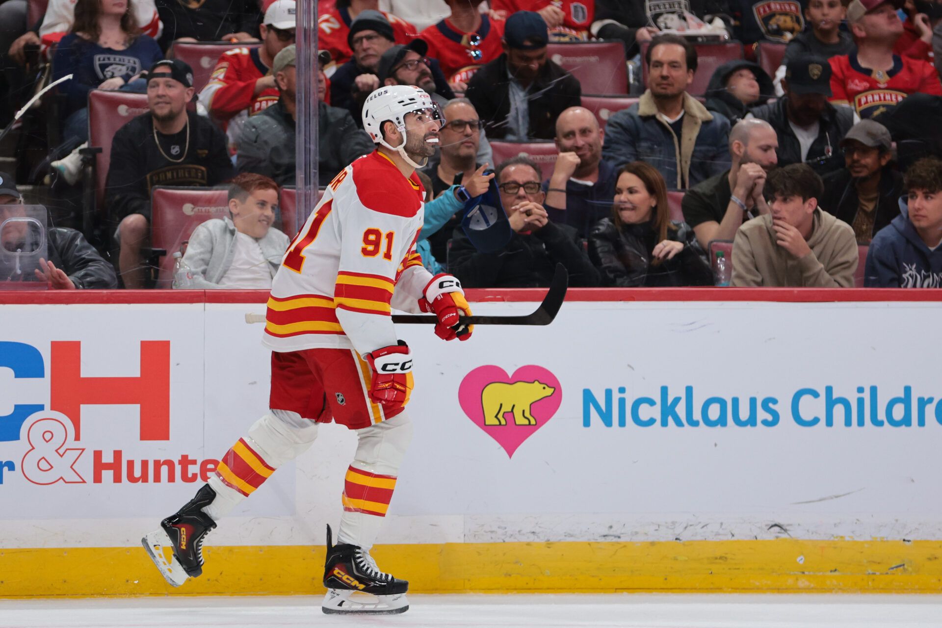 Calgary Flames center Nazem Kadri (91) looks on after scoring against the Florida Panthers during the second period at Amerant Bank Arena.