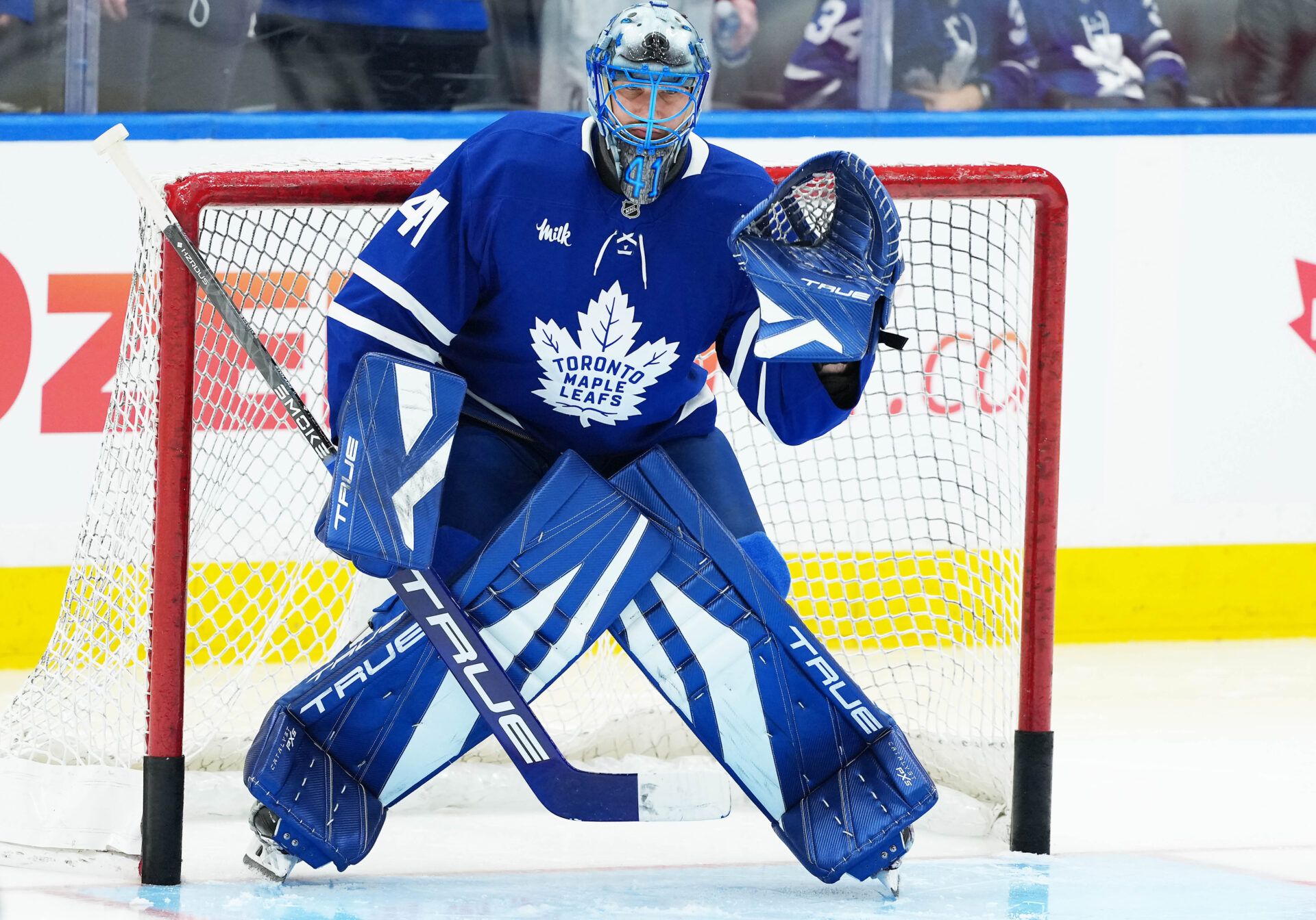 Toronto Maple Leafs goaltender Anthony Stolarz (41) takes pucks during the warmup before a game against the Utah Mammoth at Scotiabank Arena.