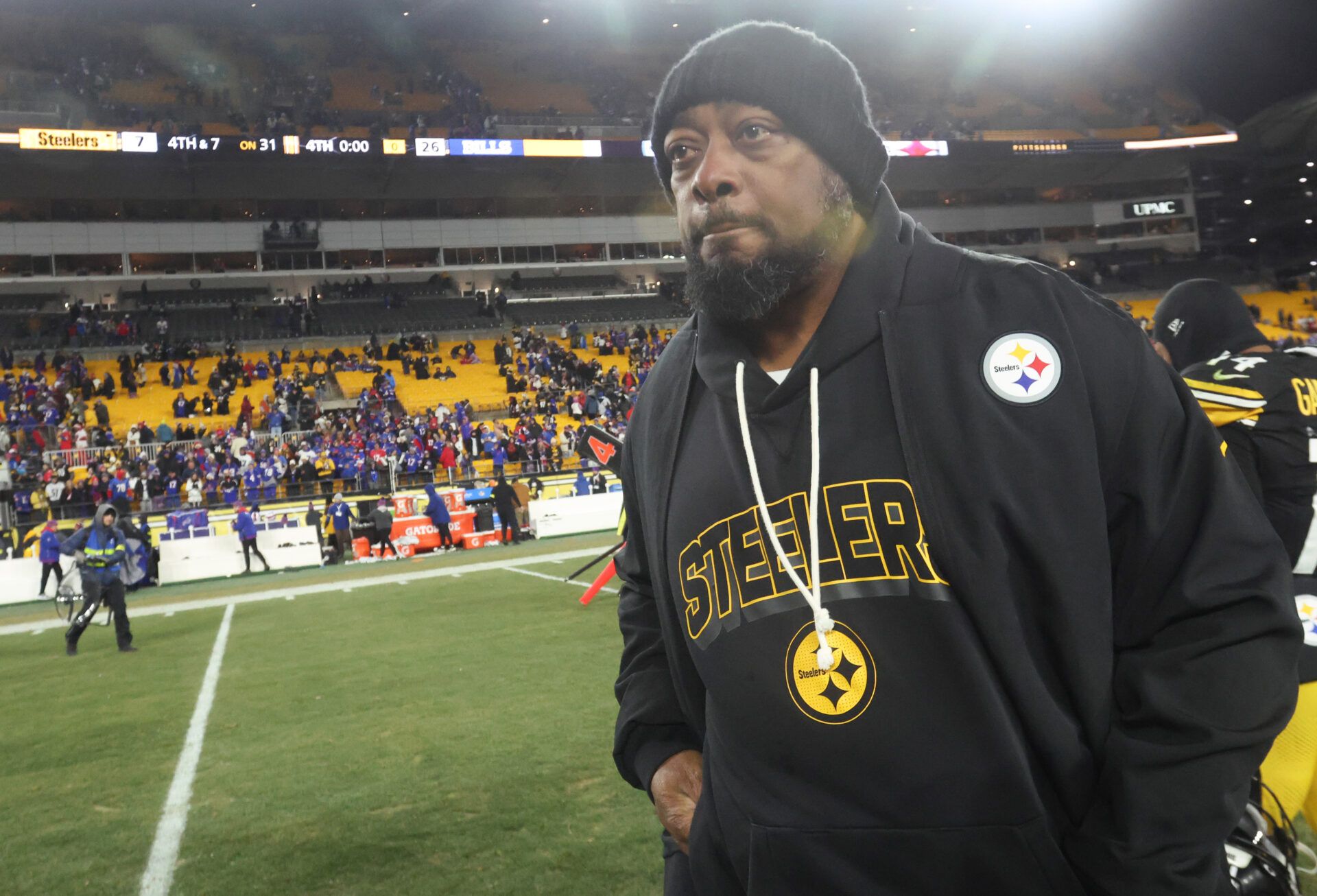 Pittsburgh Steelers head coach Mike Tomlin looks on after the game against the Buffalo Bills at Acrisure Stadium.