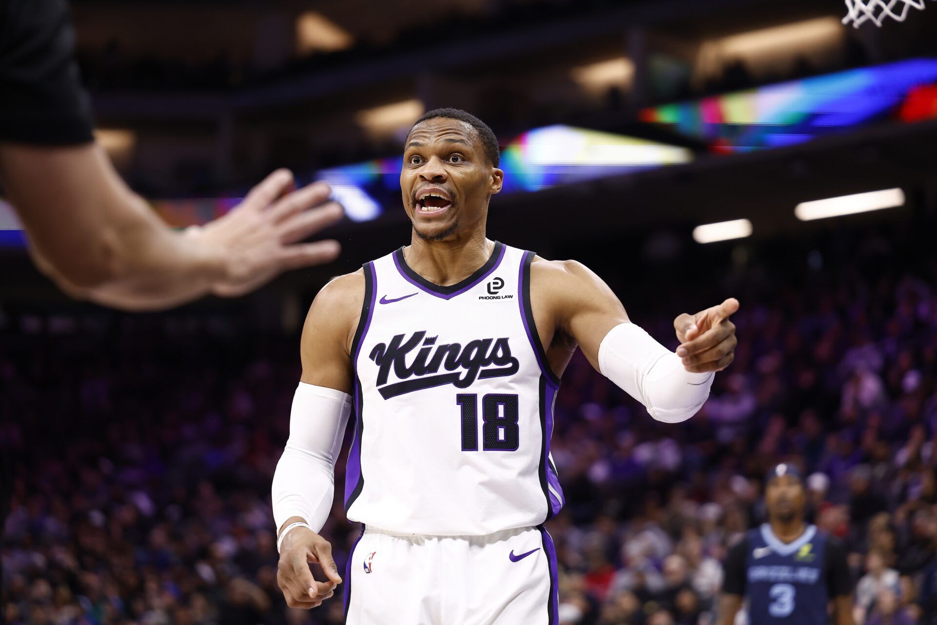 Sacramento Kings guard Russell Westbrook (18) reacts towards the referee after a play against the Memphis Grizzlies during the fourth quarter at Golden 1 Center.