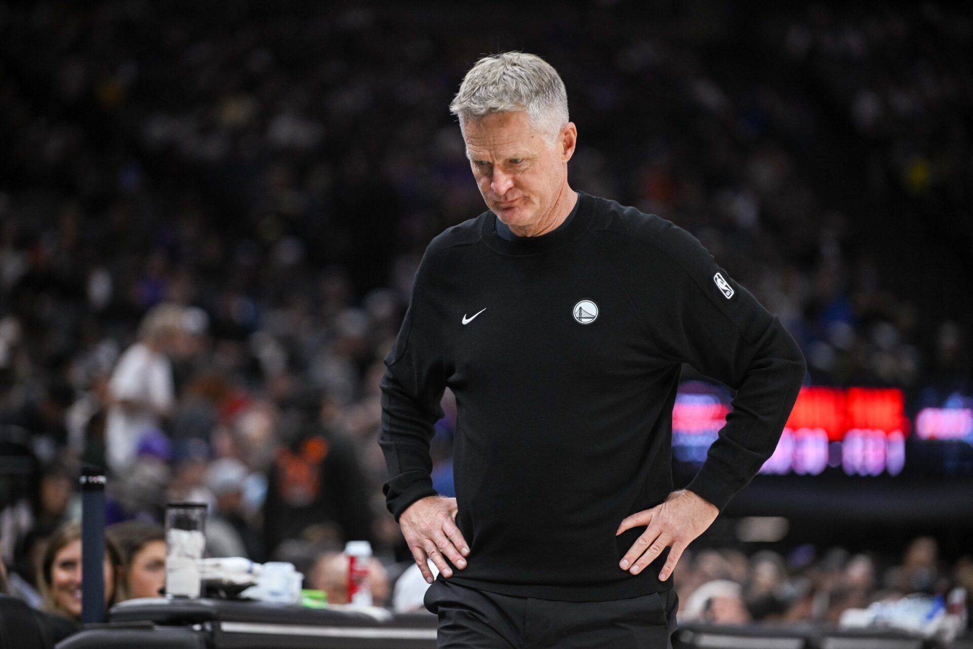 Golden State Warriors Head Coach Steve Kerr reacts to a call during the second quarter of the game against the Sacramento Kings at Golden 1 Center.