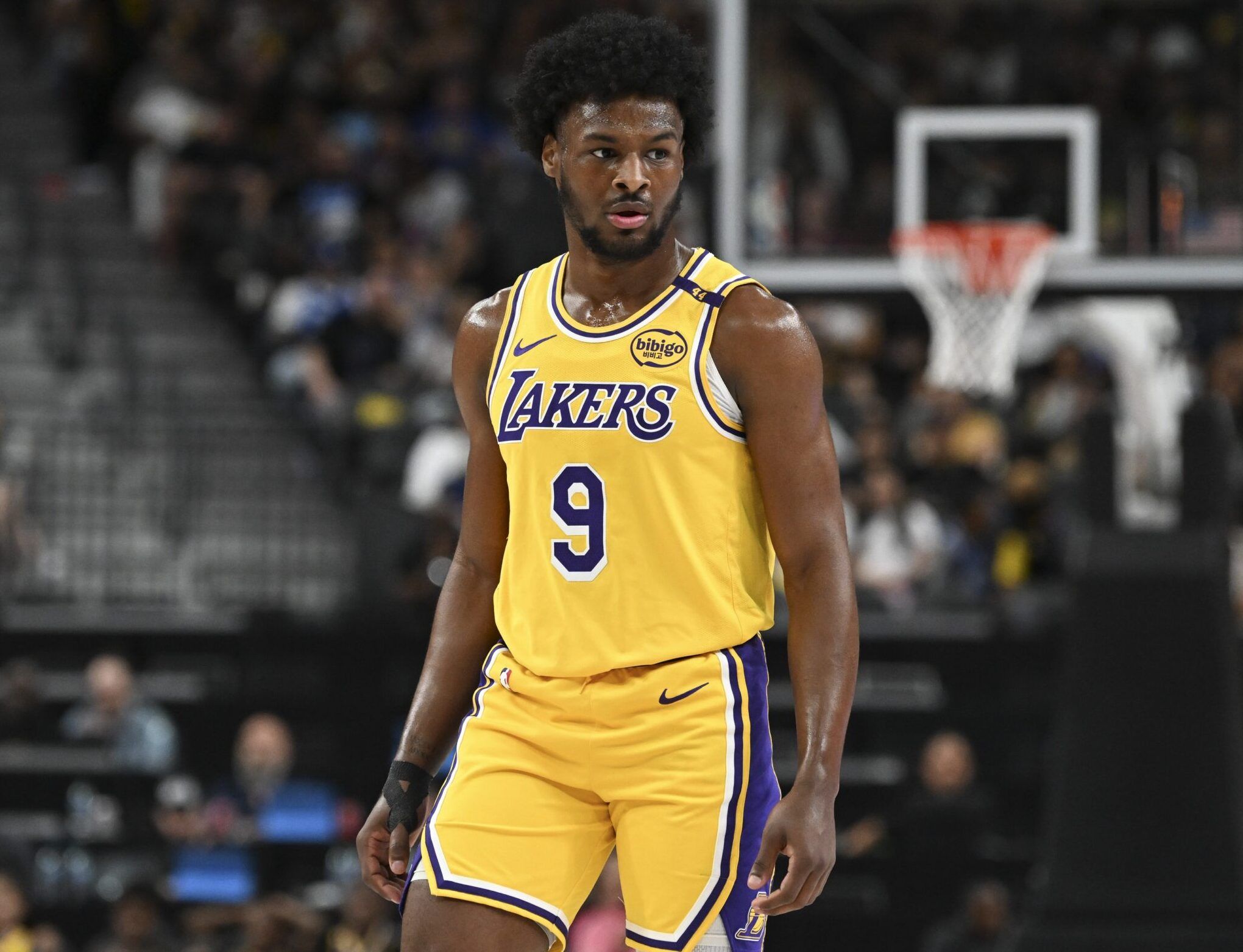 Los Angeles Lakers guard Bronny James (9) looks on against the Golden State Warriors in the fourth quarter during a preseason game at T-Mobile Arena.