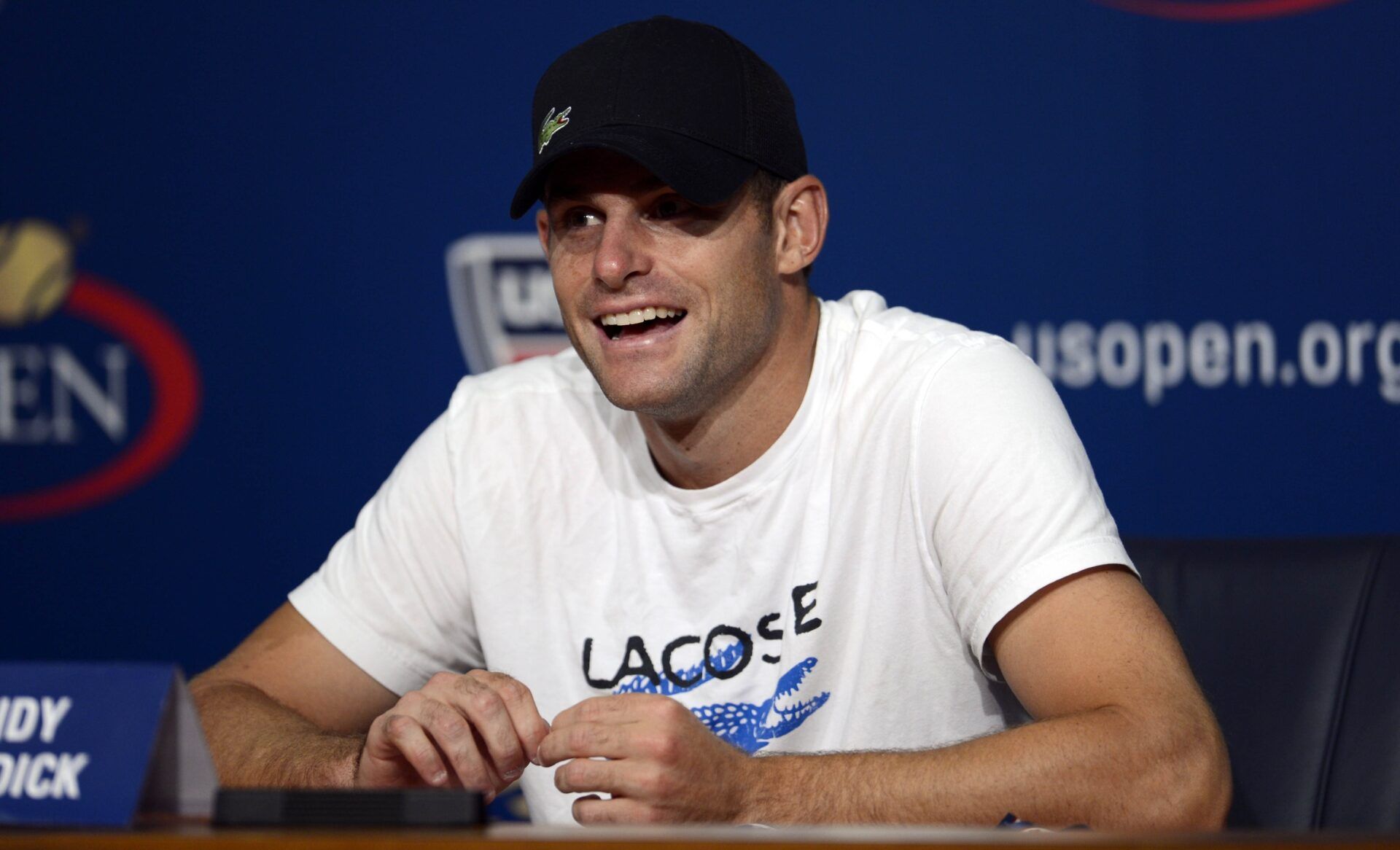 Andy Roddick (USA) speaks at a press conference after his match against Juan Martin Del Potro (ARG) on day ten of the 2012 US Open at Billie Jean King National Tennis Center.