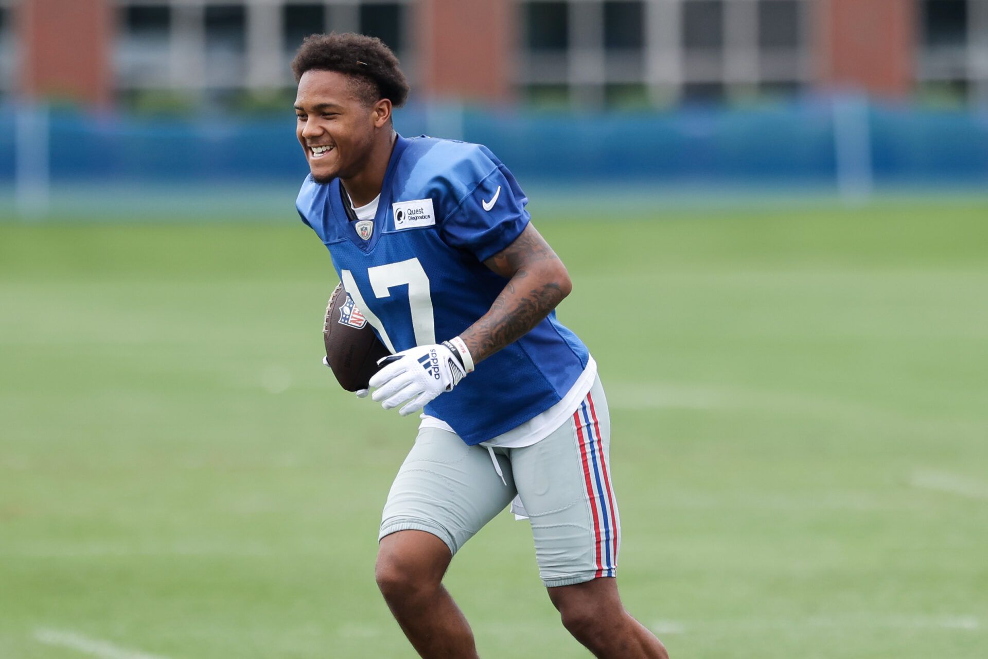 New York Giants wide receiver Wan’Dale Robinson (17) smiles during training camp at Quest Diagnostics Training Facility.