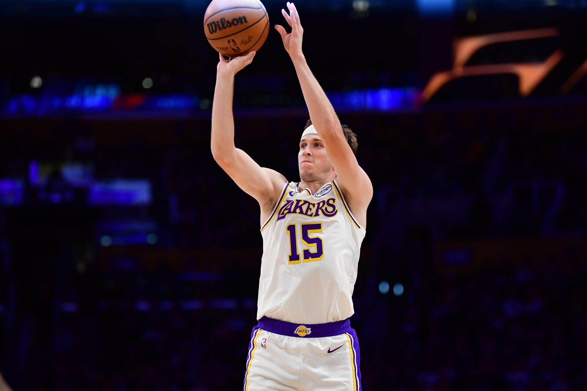 Los Angeles Lakers guard Austin Reaves (15) shoots against the New Orleans Pelicans during the first half at Crypto.com Arena.