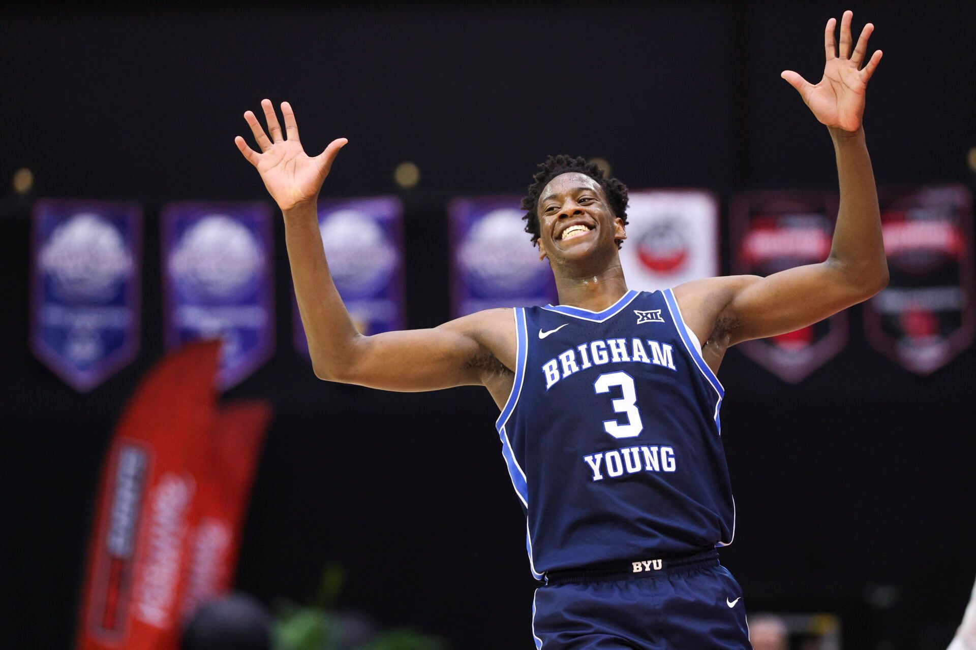 Brigham Young University Cougars forward AJ Dybantsa (3) reacts after play against the Miami (FL) Hurricanes in the second half  at State Farm Field House.