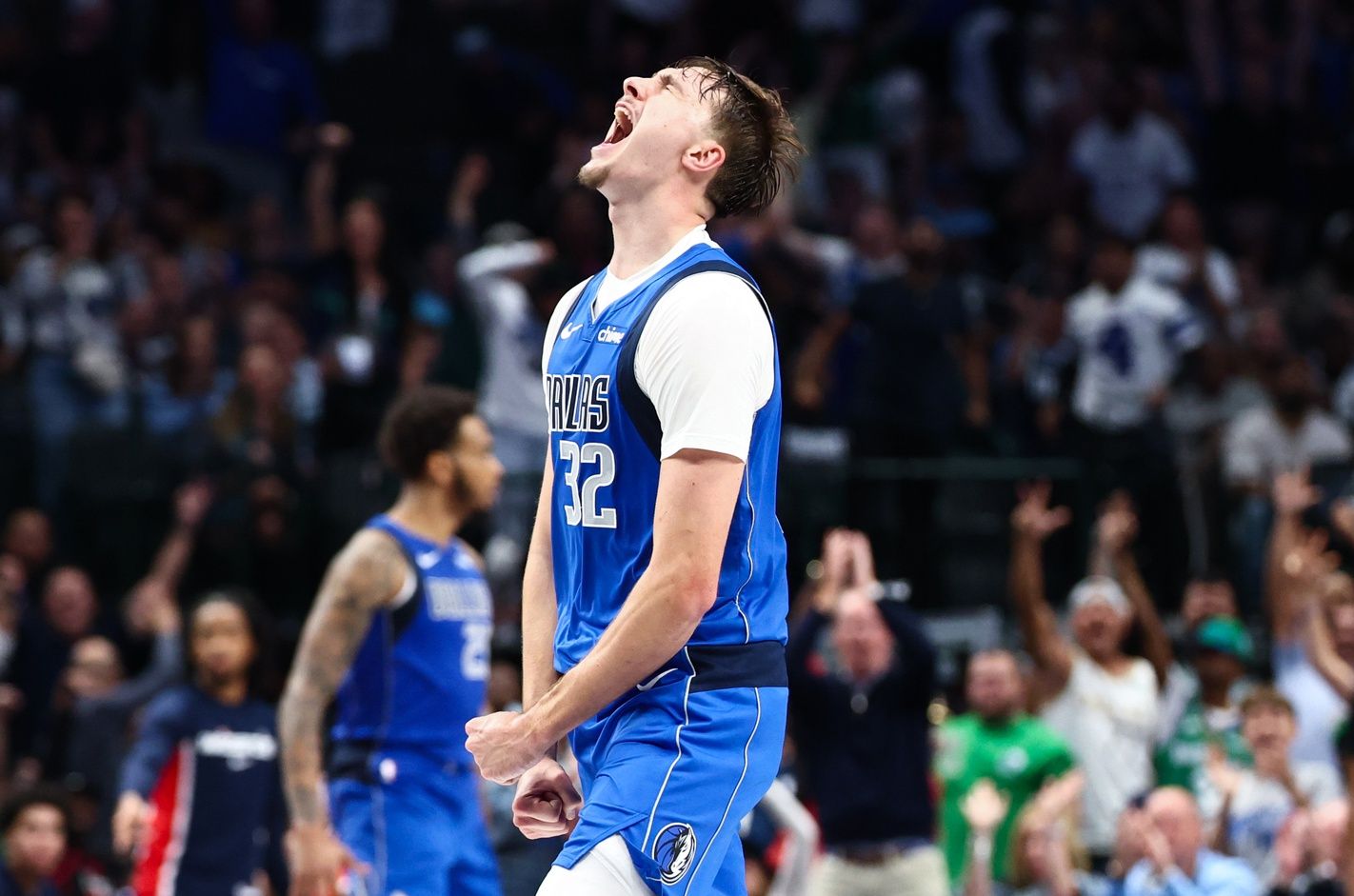 Dallas Mavericks forward Cooper Flagg (32) reacts during the second half against the Washington Wizards at American Airlines Center.