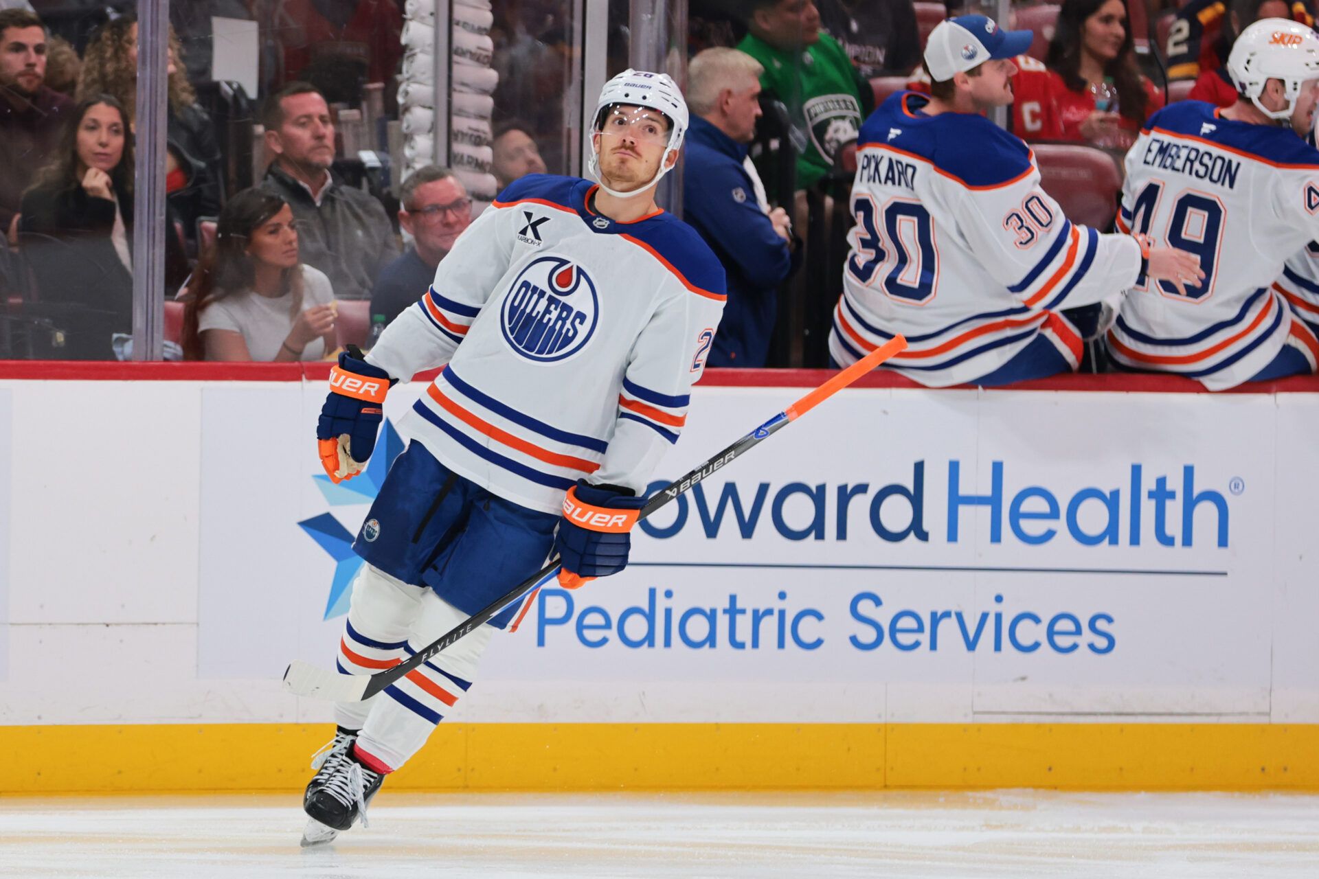Edmonton Oilers center Jack Roslovic (28) looks on after scoring against the Florida Panthers during the first period at Amerant Bank Arena.
