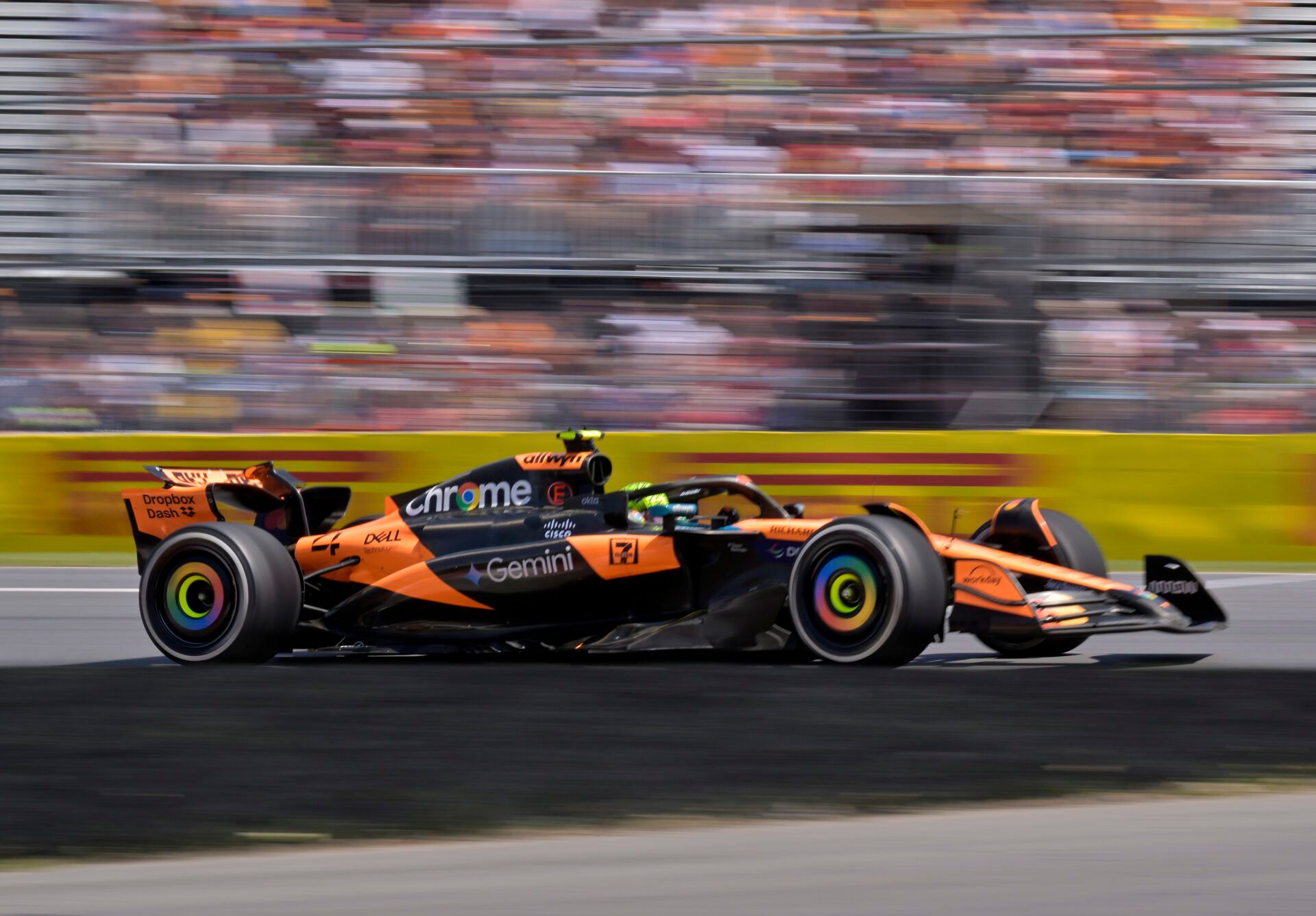 2025; Montreal, Quebec, Canada; McLaren driver Lando Norris (4) races during the F1 Montreal Grand Prix at Circuit Gilles-Villeneuve.