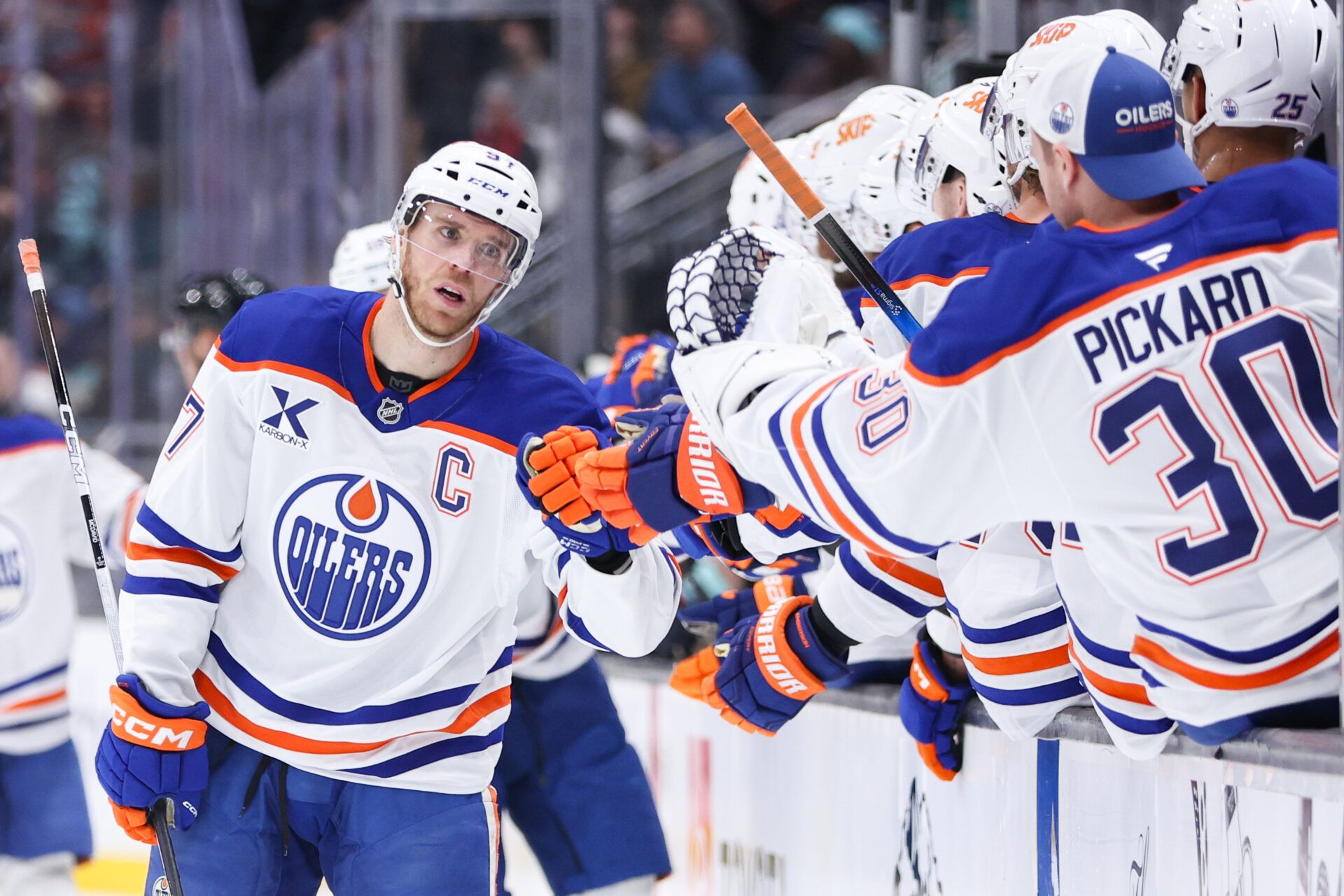 Edmonton Oilers center Connor McDavid (97) celebrates a goal against the Seattle Kraken in the third period at Climate Pledge Arena.