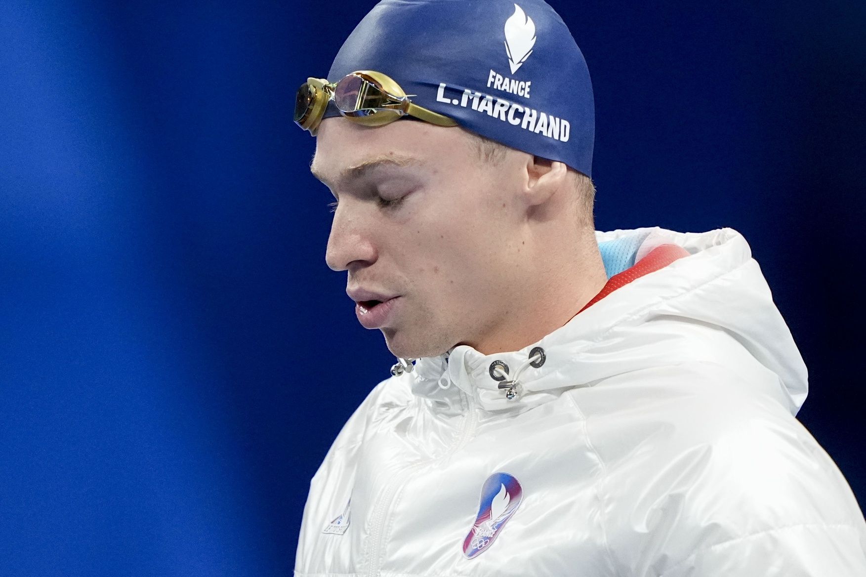 Leon Marchand (France) in the mixed 4 x 100-meter medley relay final during the Paris 2024 Olympic Summer Games at Paris La Défense Arena.