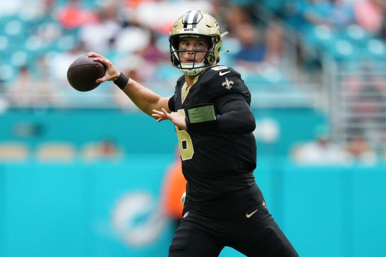 New Orleans Saints quarterback Tyler Shough (6) passes the ball against the Miami Dolphins during the second half at Hard Rock Stadium.