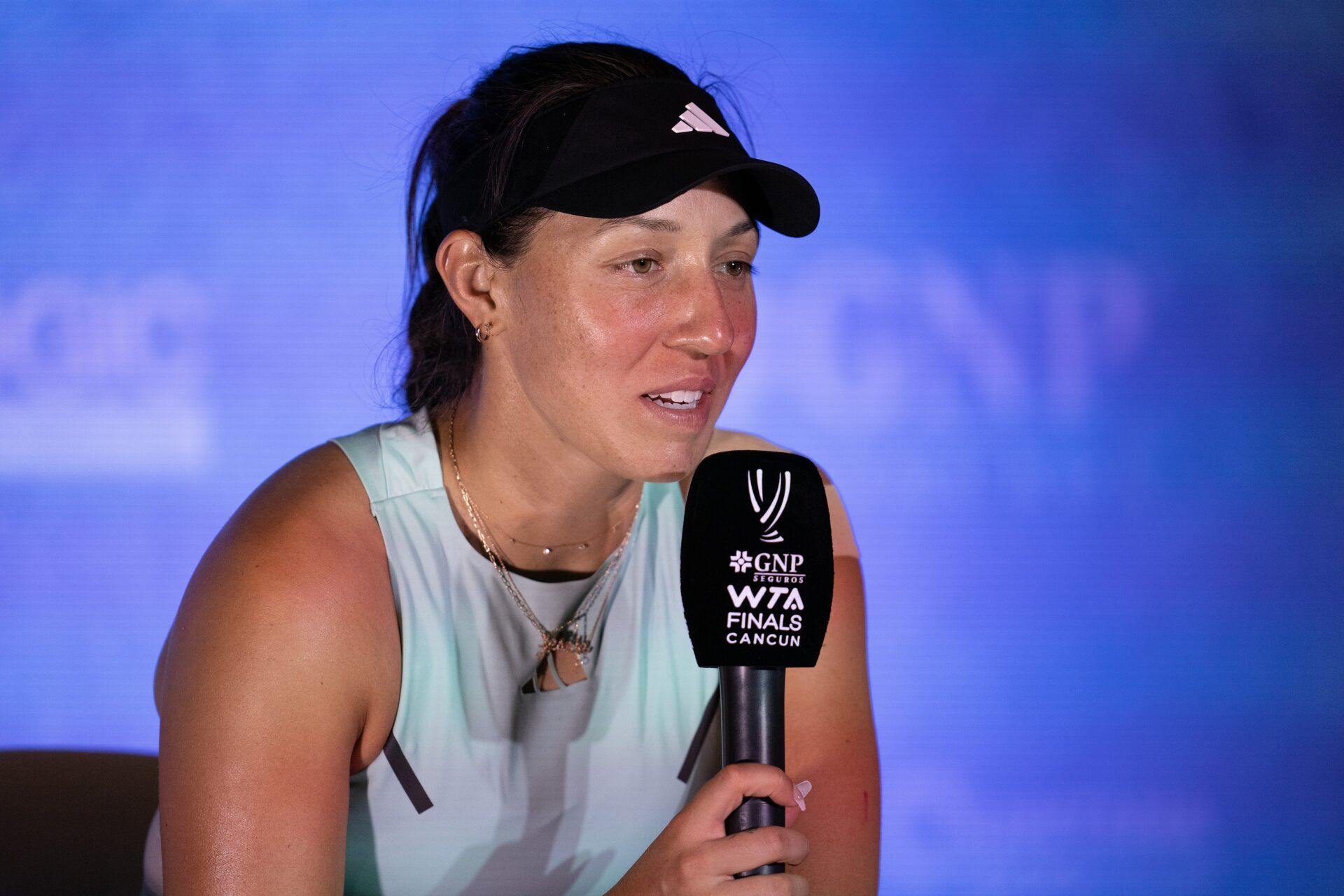 Jessica Pegula (USA) in her press conference after winning her match against Elena Rybakina (KAZ) on day one of the GNP Saguaros WTA Finals Cancun.