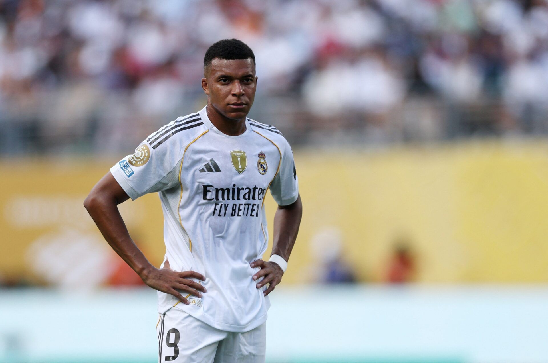 [Subscription Customers Only] Jul 9, 2025; East Rutherford, New Jersey, USA; Real Madrid CF forward Kylian Mbappe (9) looks dejected during a semifinal match of the 2025 FIFA Club World Cup at MetLife Stadium.