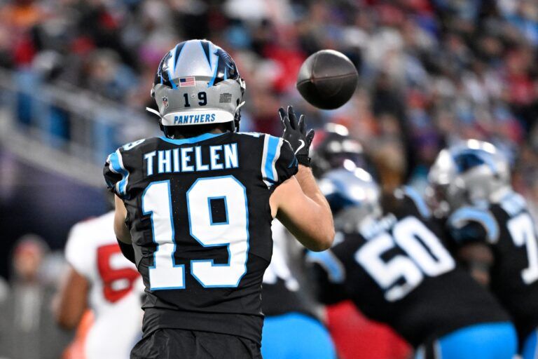 Carolina Panthers wide receiver Adam Thielen (19) catches the ball in the second quarter at Bank of America Stadium.