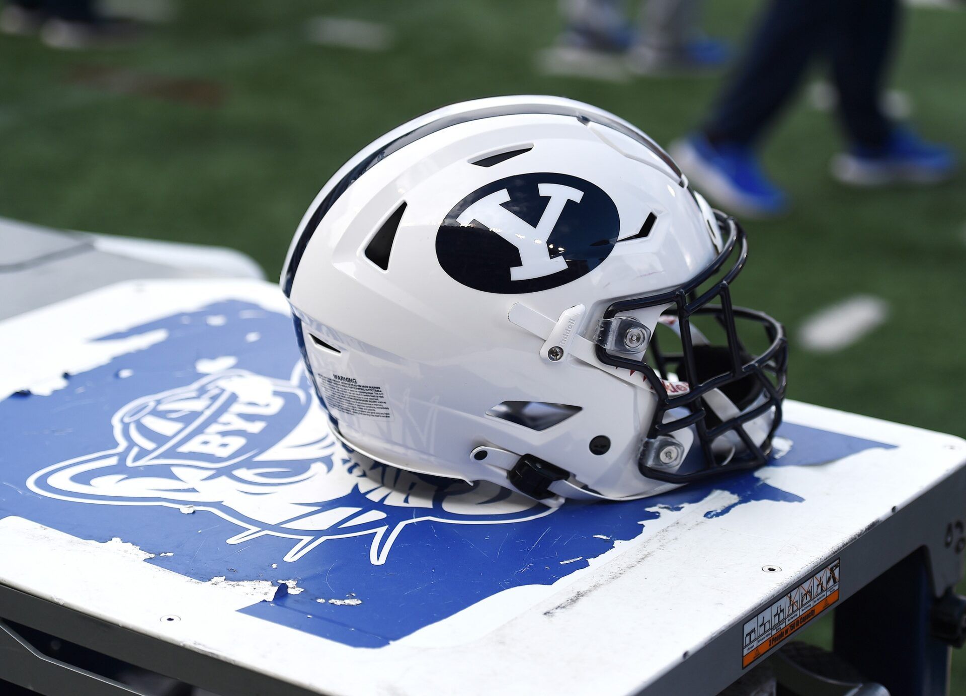 Brigham Young Cougars helmet sits during a game against the Washington State Cougars in the second half at Gesa Field at Martin Stadium. BYU won 21-19.