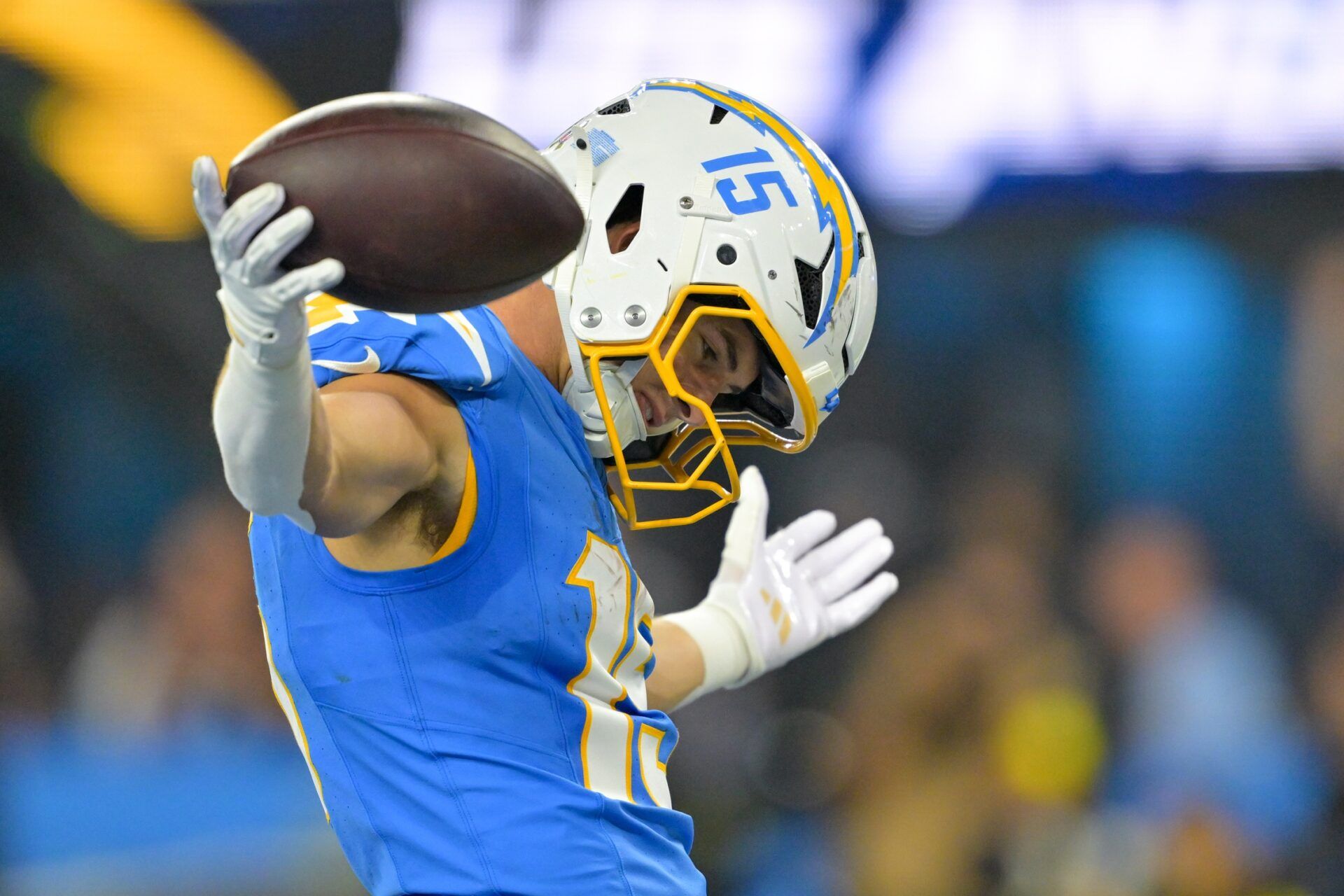 Los Angeles Chargers wide receiver Ladd McConkey (15) celebrates after scoring a touchdown against the Pittsburgh Steelers during the second quarter of the game at SoFi Stadium.