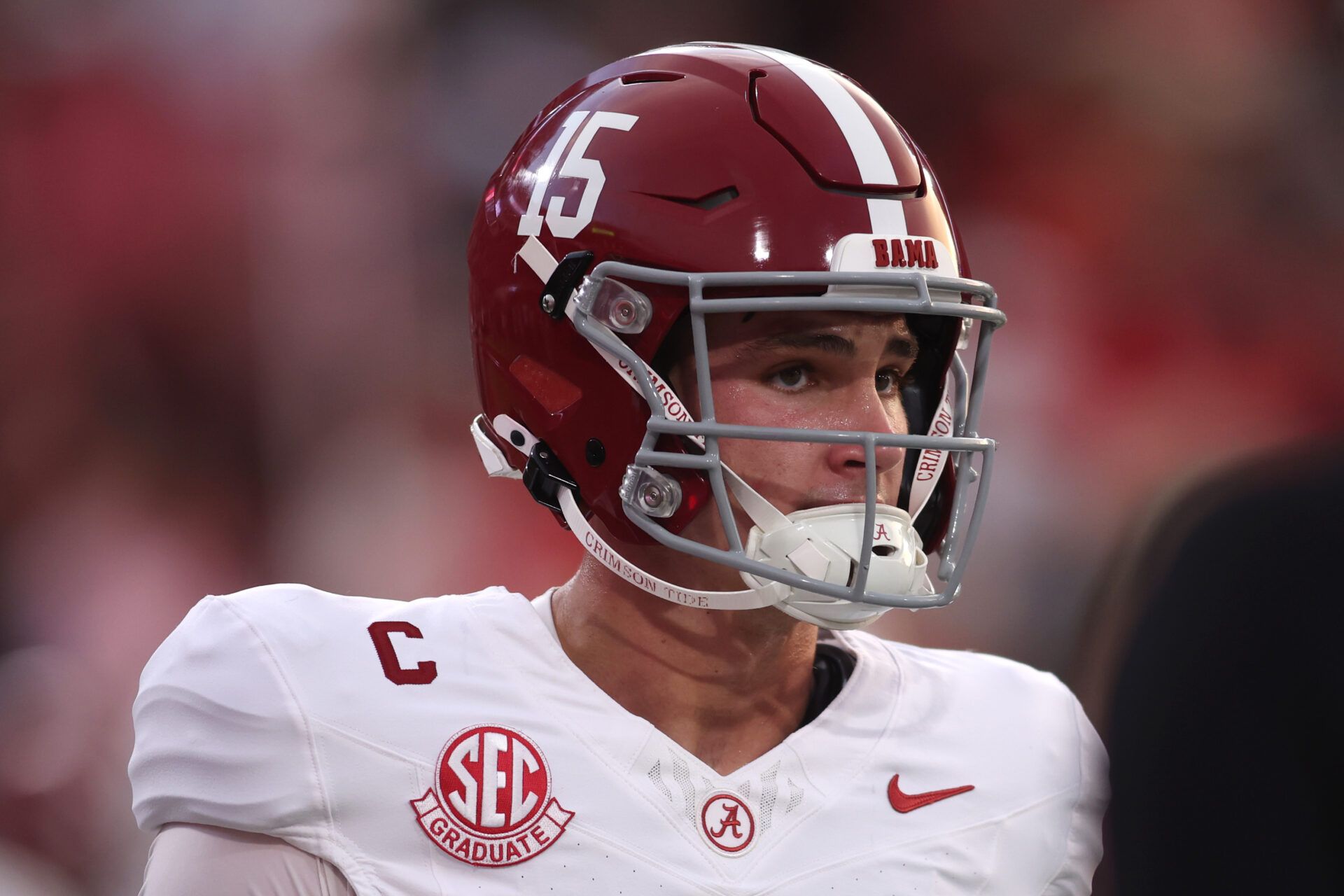 Alabama Crimson Tide quarterback Ty Simpson (15) looks on before the game against the Georgia Bulldogs at Sanford Stadium.