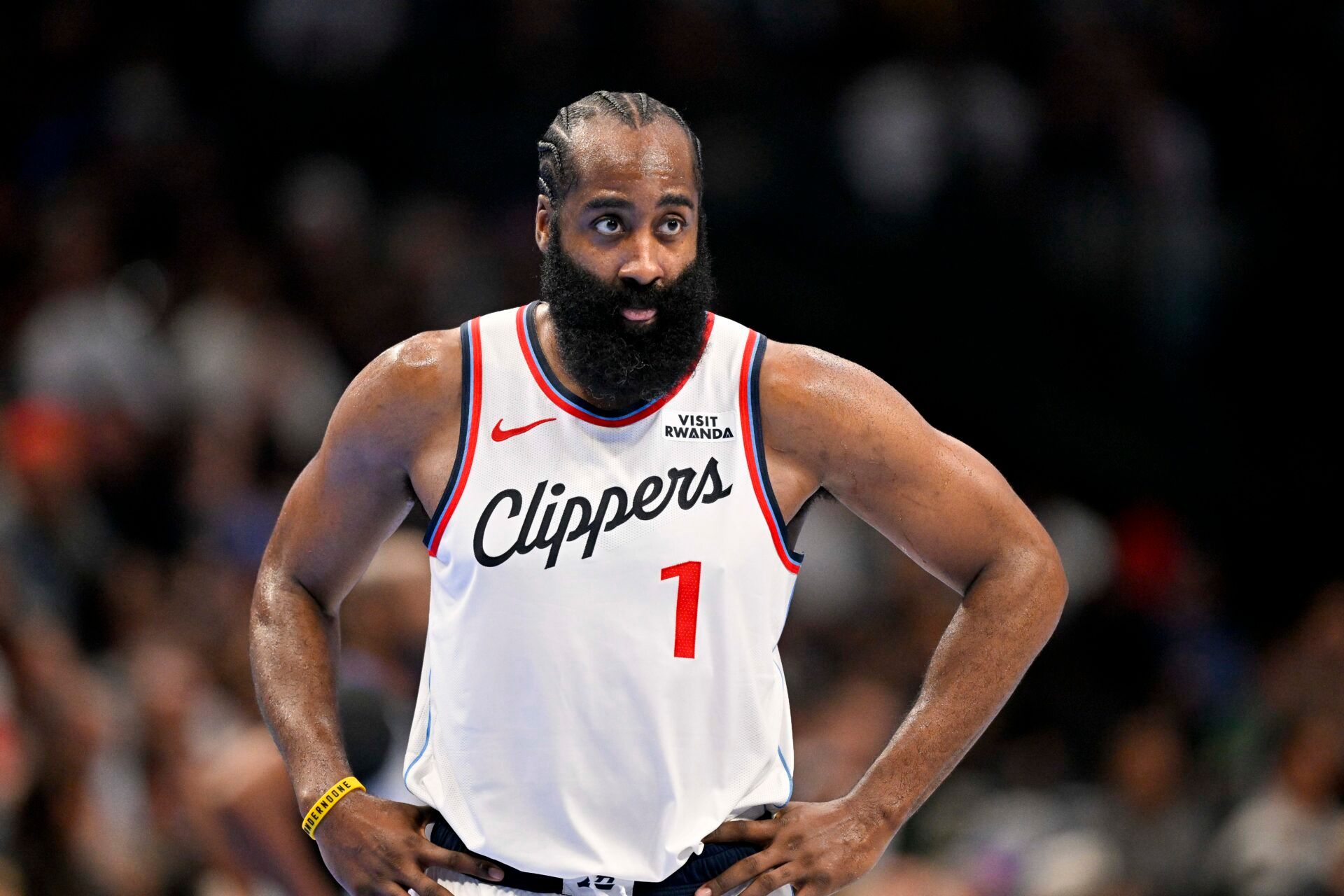 LA Clippers guard James Harden (1) looks on during the second half against the Dallas Mavericks in an NBA Cup game at the American Airlines Center.
