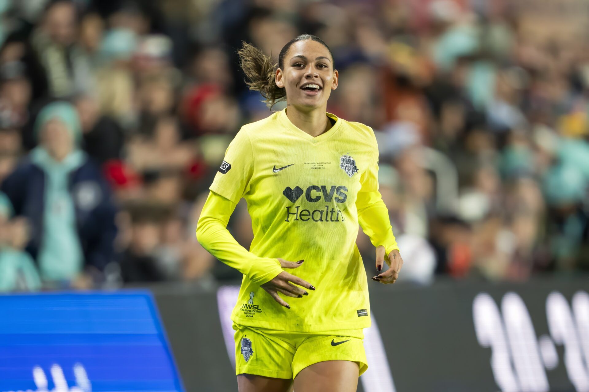 Washington Spirit forward Trinity Rodman (2) reacts during the first half against the Orlando Pride in the 2024 NWSL Championship match at CPKC Stadium.