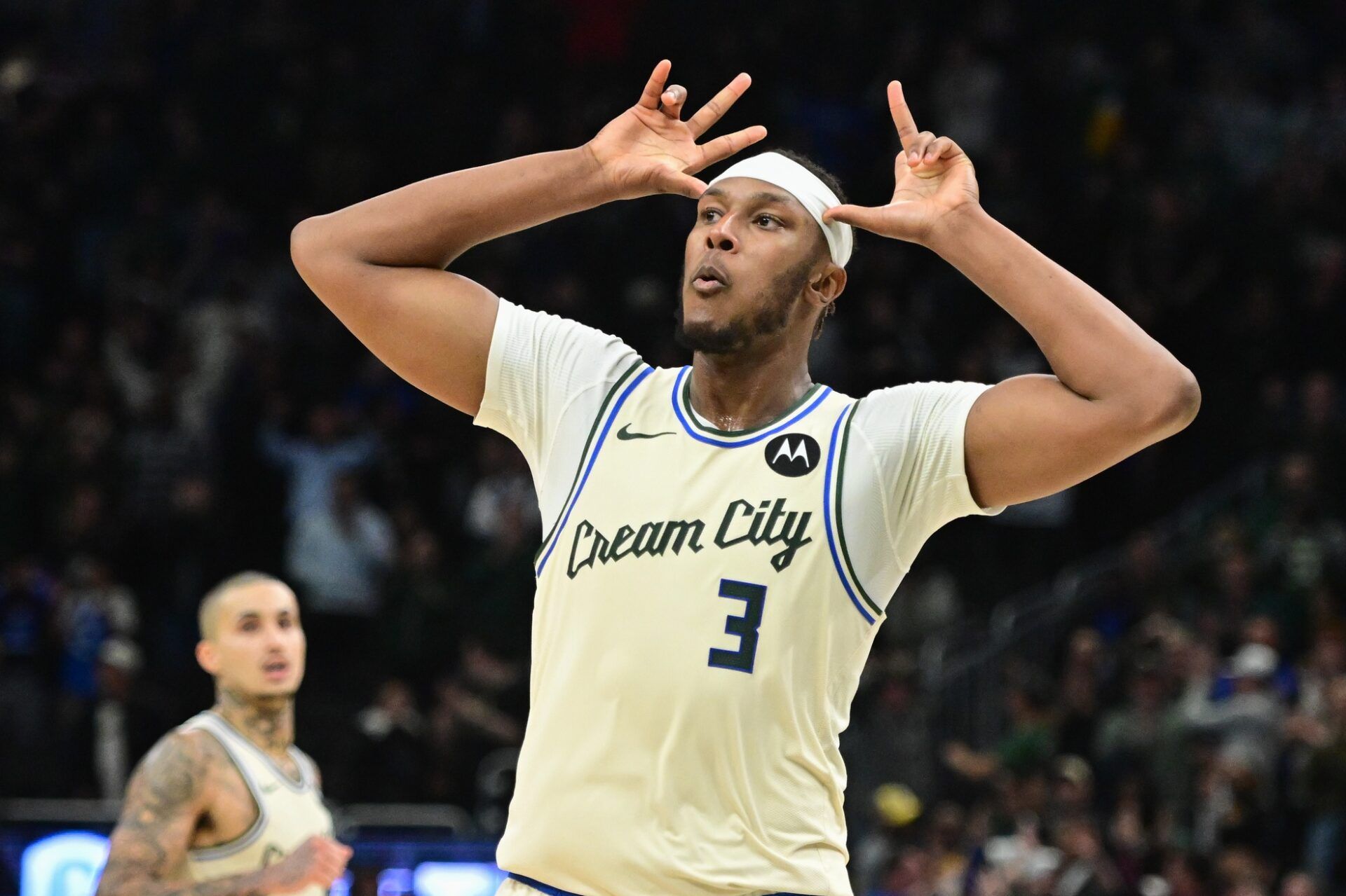 Milwaukee Bucks center Myles Turner (3) reacts after scoring a basket in the 4th quarter against the Philadelphia 76ers at Fiserv Forum.