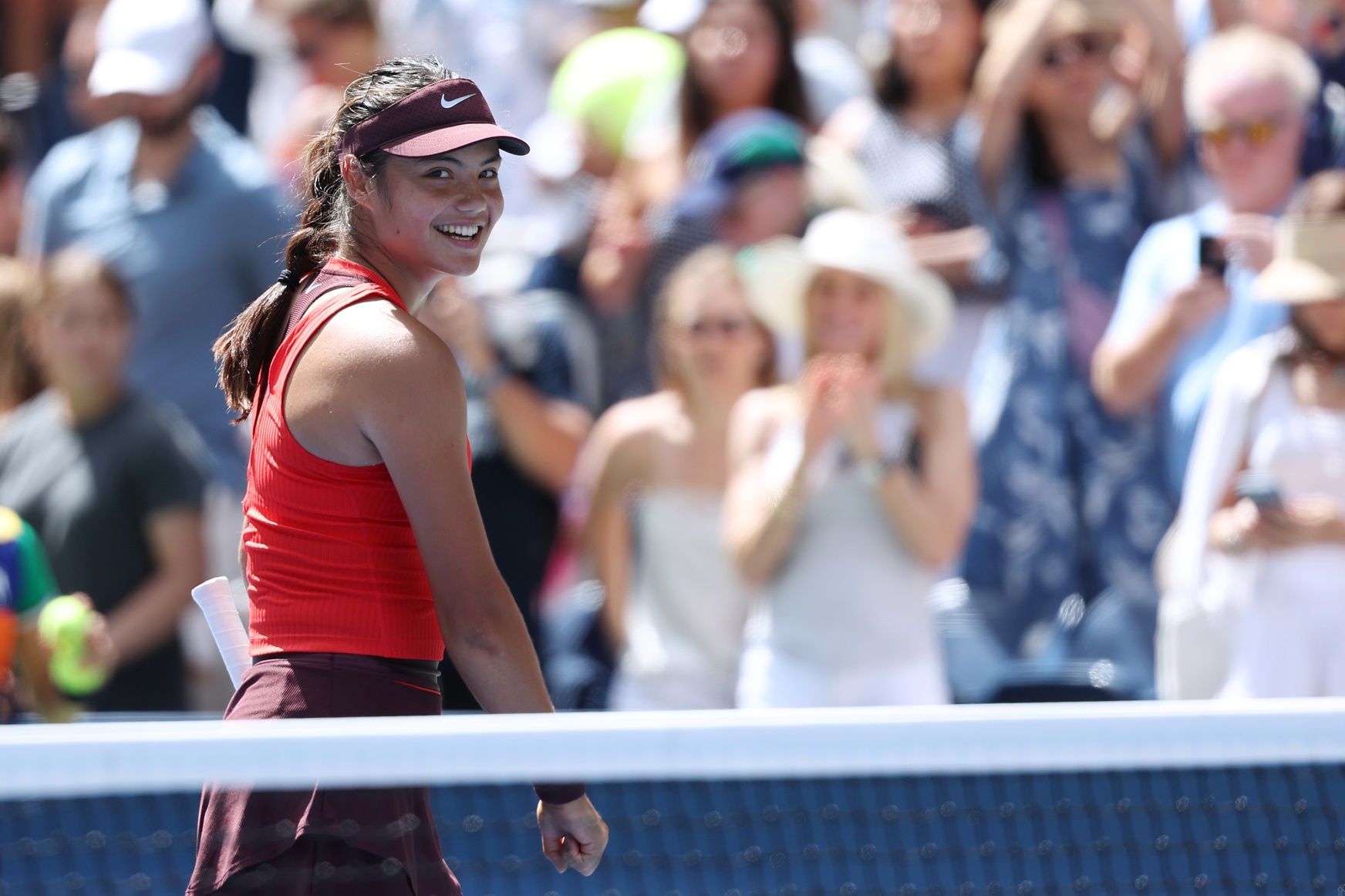 Emma Raducanu (GBR) celebrates after defeating Ena Shibahara (not pictured) on day one of the 2025 U.S. Open tennis tournament at the USTA Billie Jean King National Tennis Center.