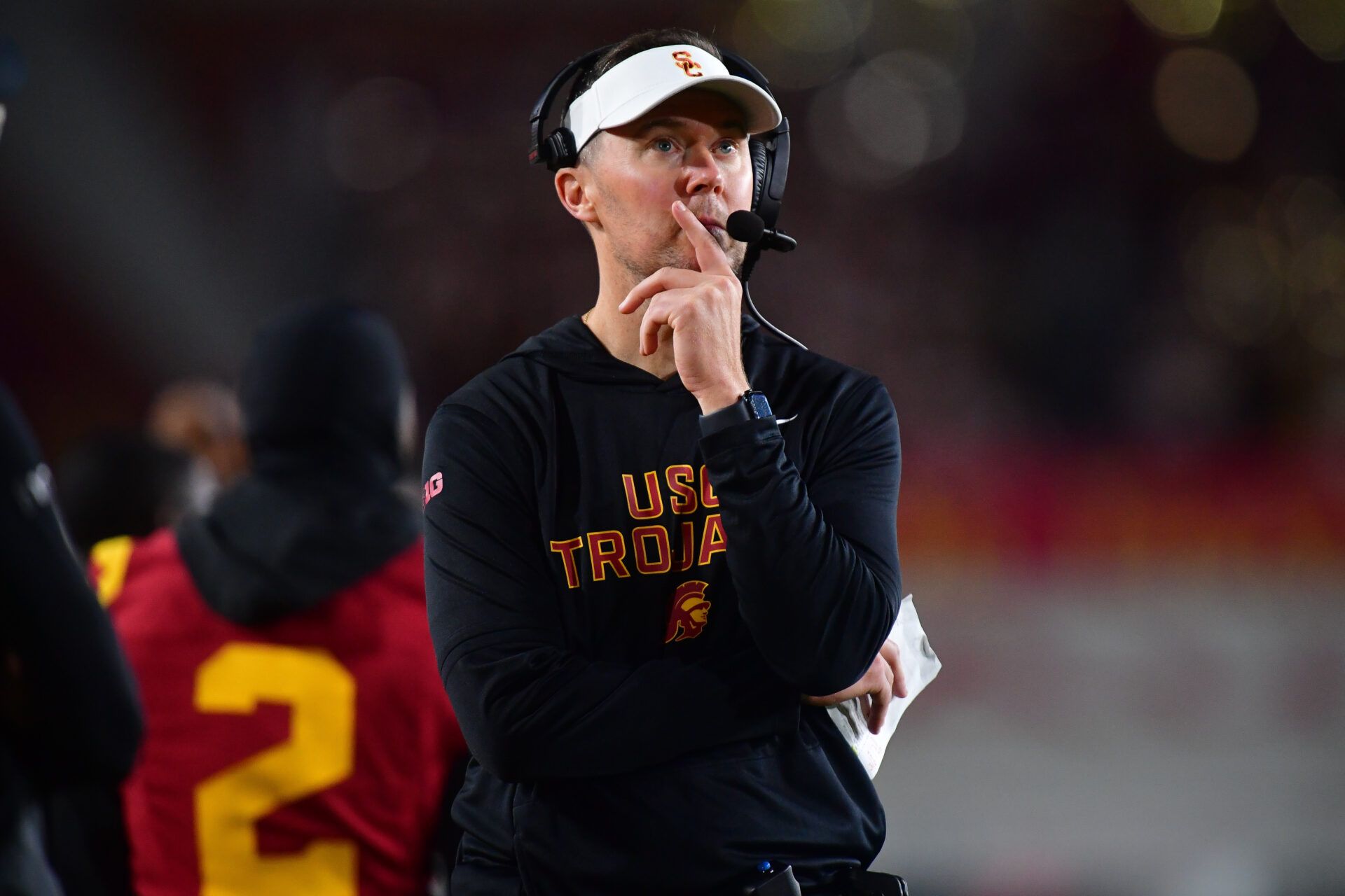 Southern California Trojans head coach Lincoln Riley watches game action against the Northwestern Wildcats during the second half at the Los Angeles Memorial Coliseum.