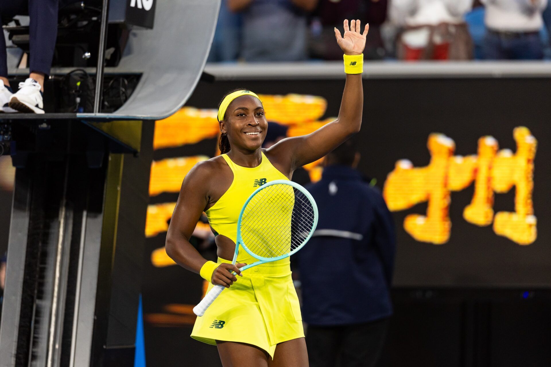 Coco Gauff of United States of America celebrates during her match against Leylah Fernandez of Canada in the third round of the women's singles at the 2025 Australian Open at Melbourne Park.