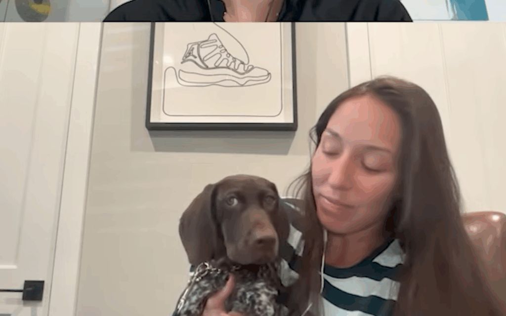 Jessica Pegula pictured with her and husband Taylor's new pet, Mabel, on the Player's Box Podcast