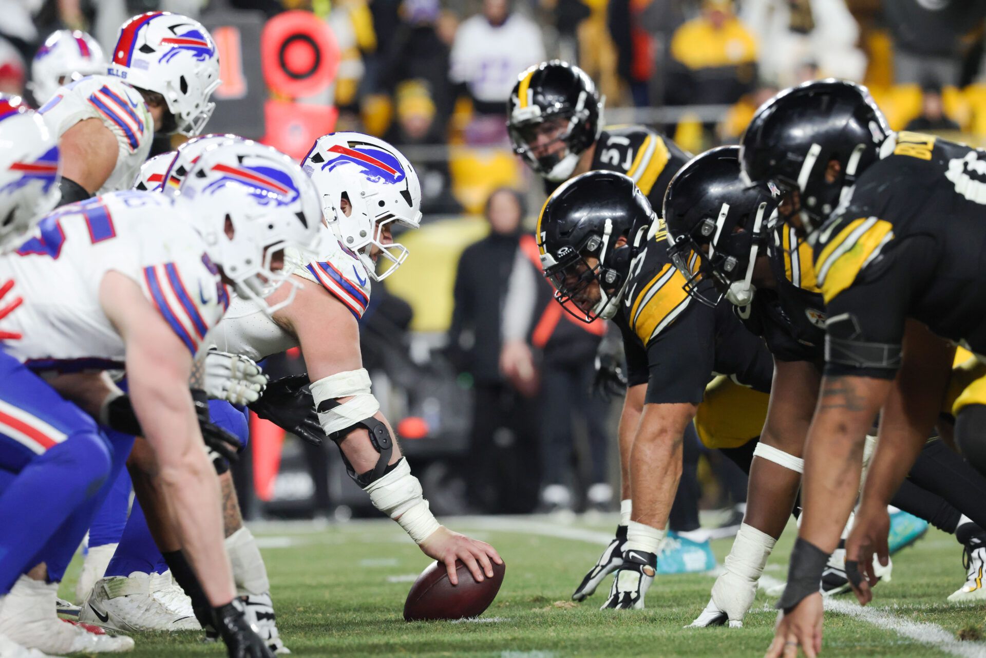 The Buffalo Bills prepare to snap the ball during the fourth quarter against the Pittsburgh Steelers at Acrisure Stadium.