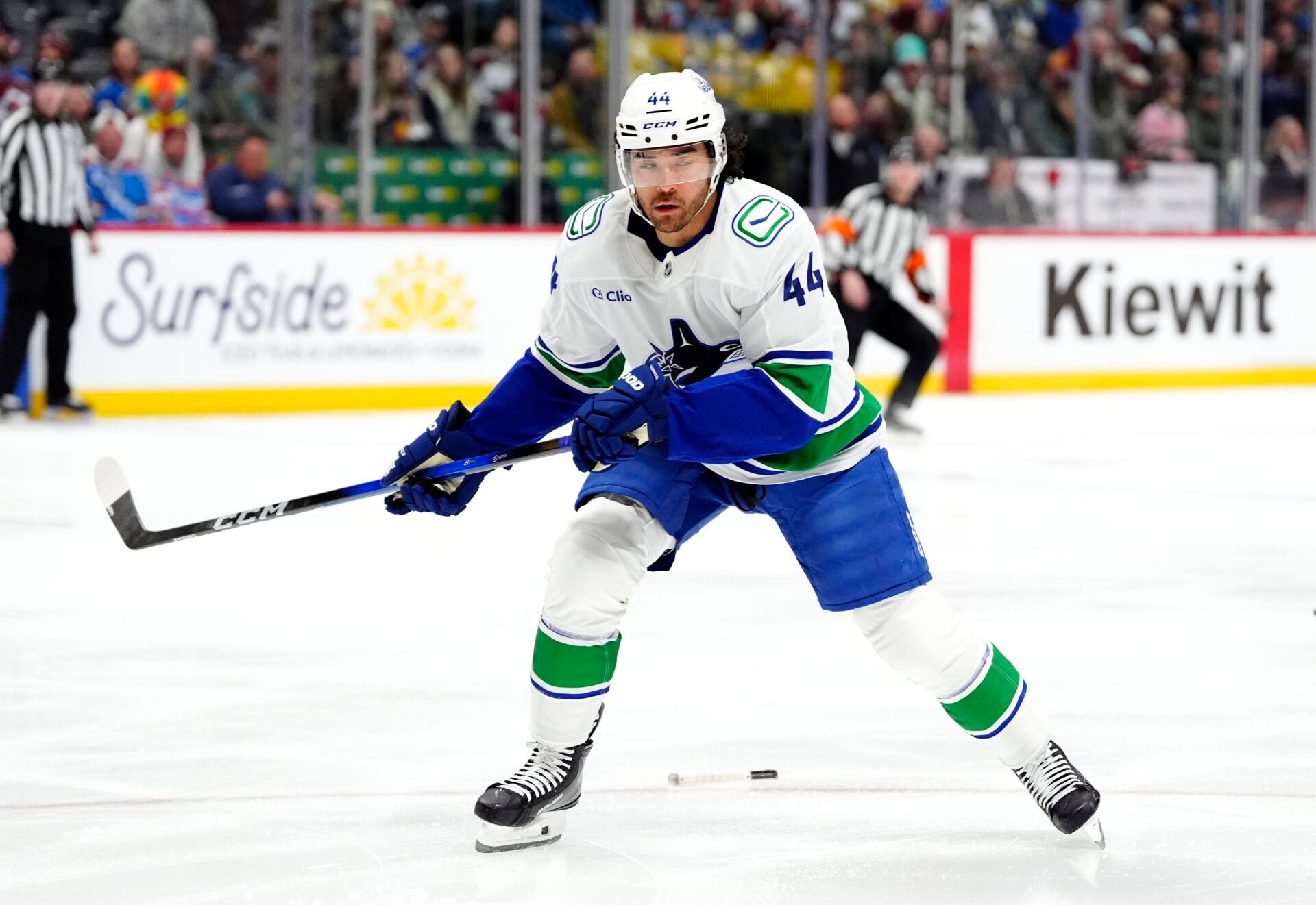 Vancouver Canucks left wing Kiefer Sherwood (44) before during the first period against the Colorado Avalanche at Ball Arena.