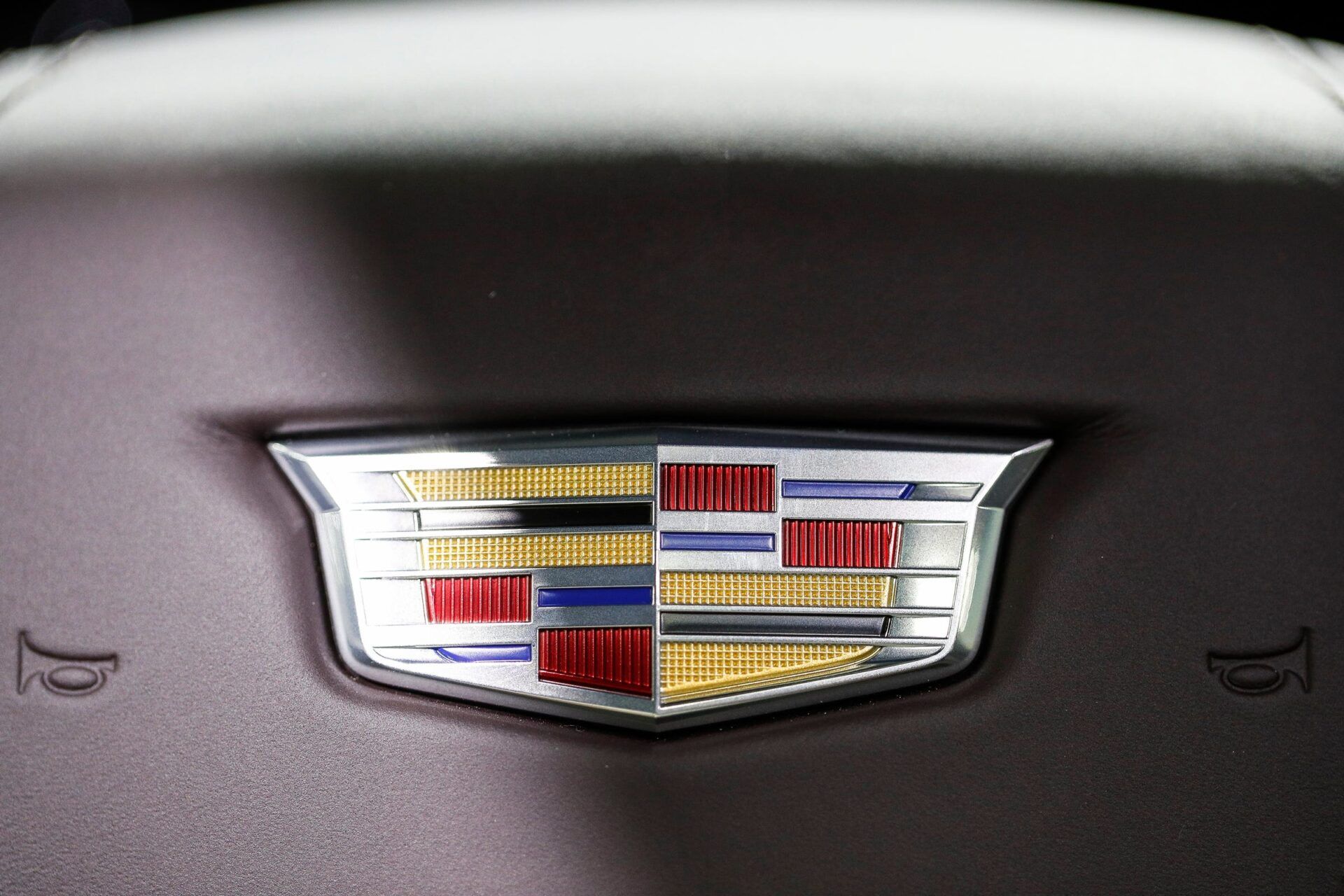 Cadillac logo on the steering wheel of a Cadillac Escalade-V during the North American International Auto Show held at Huntington Place in downtown Detroit.