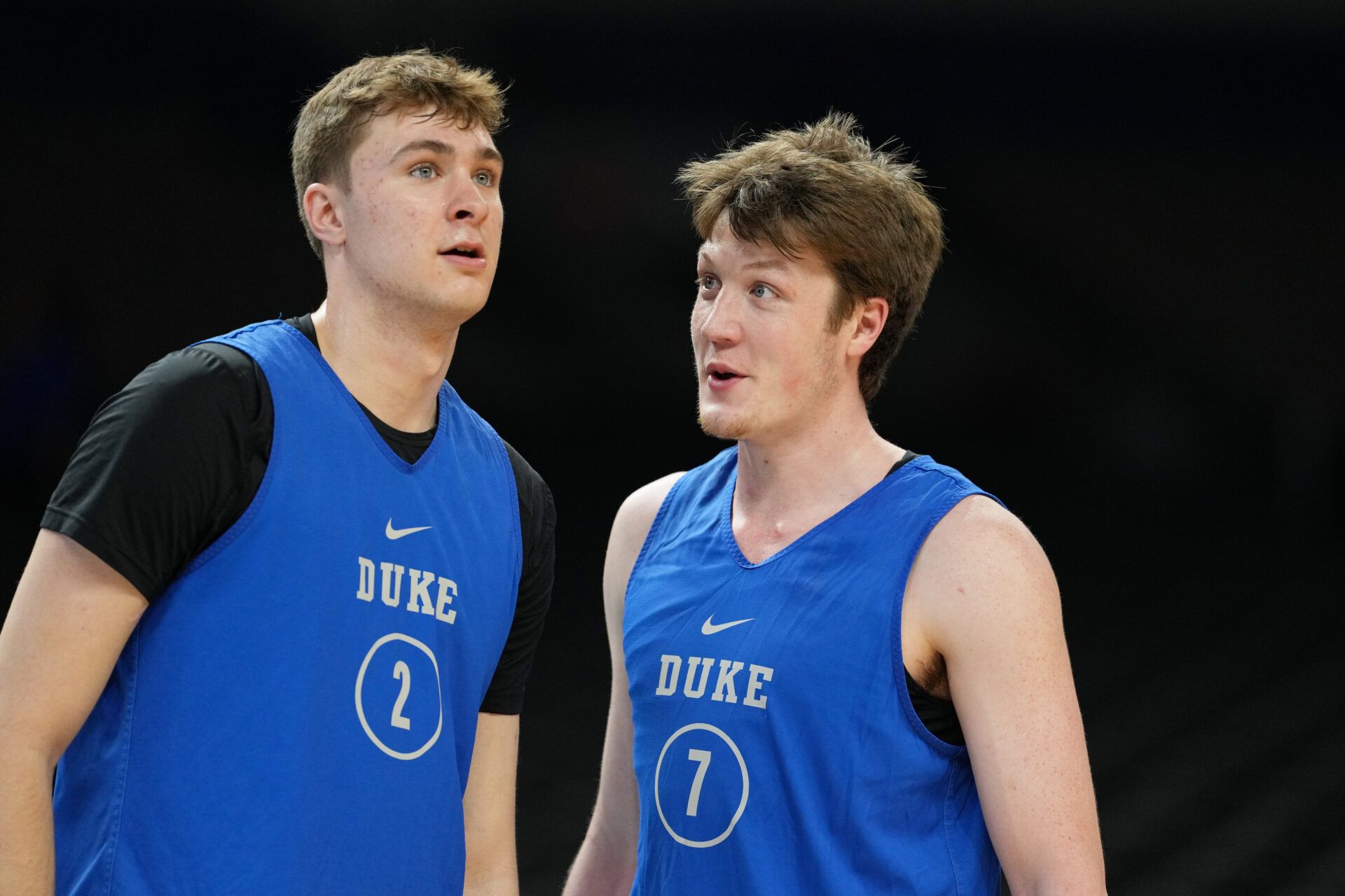 Duke Blue Devils guard Cooper Flagg (2) and guard Kon Knueppel (7) during a practice session for the Final Four of the 2025 NCAA tournament at Alamodome.