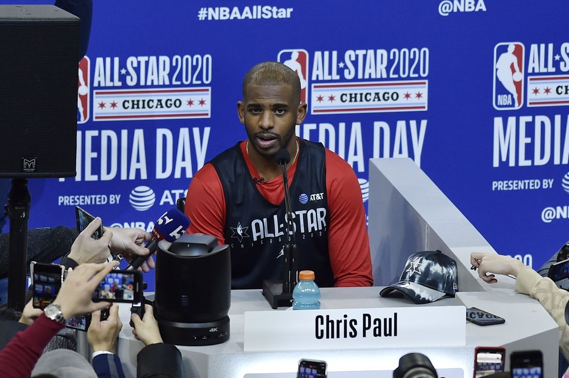 Oklahoma City Thunder’s Chris Paul addresses the media during media day for the NBA All Star Game at Wintrust.