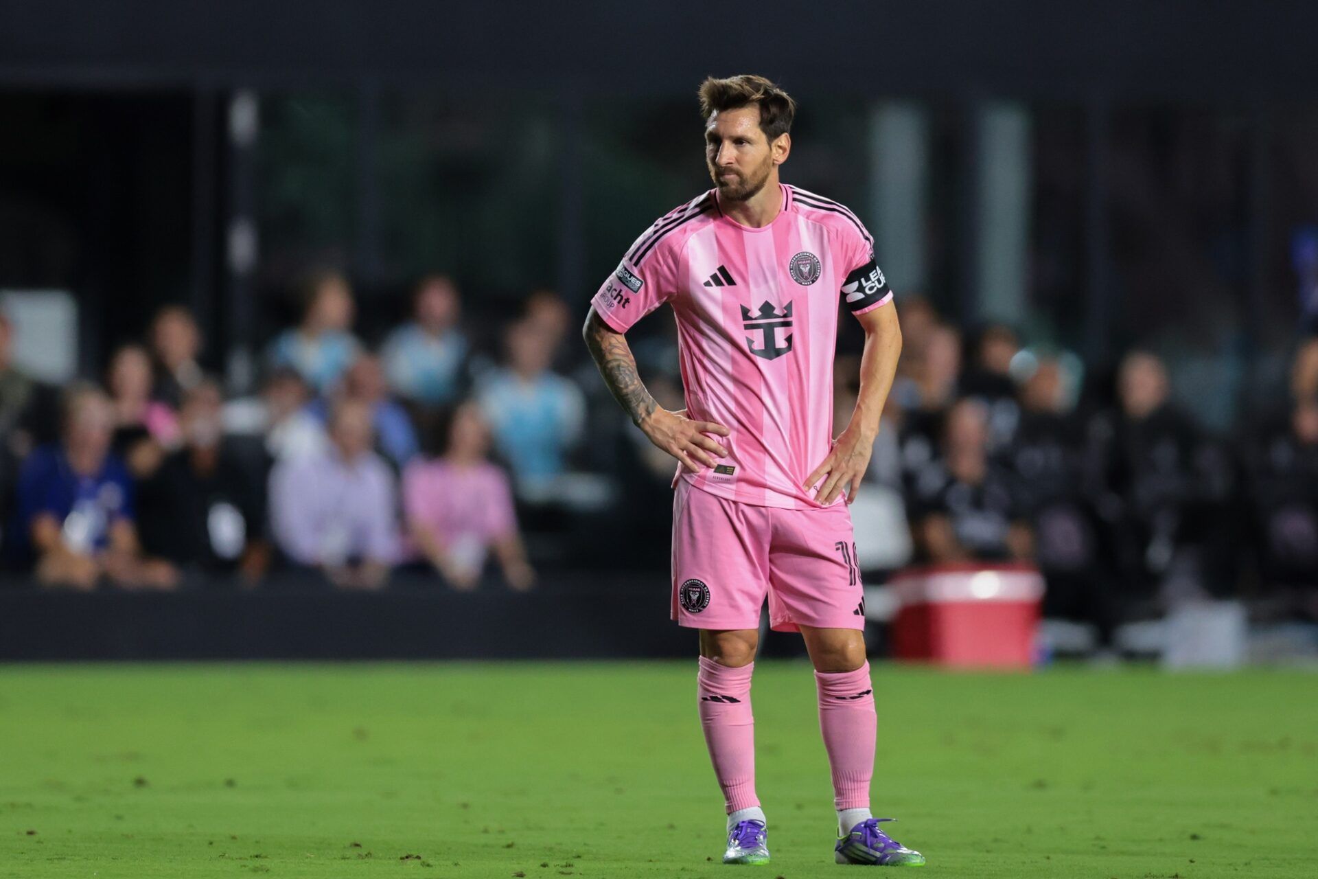 Inter Miami CF forward Lionel Messi (10) looks on against Orlando City during the first half at Chase Stadium.