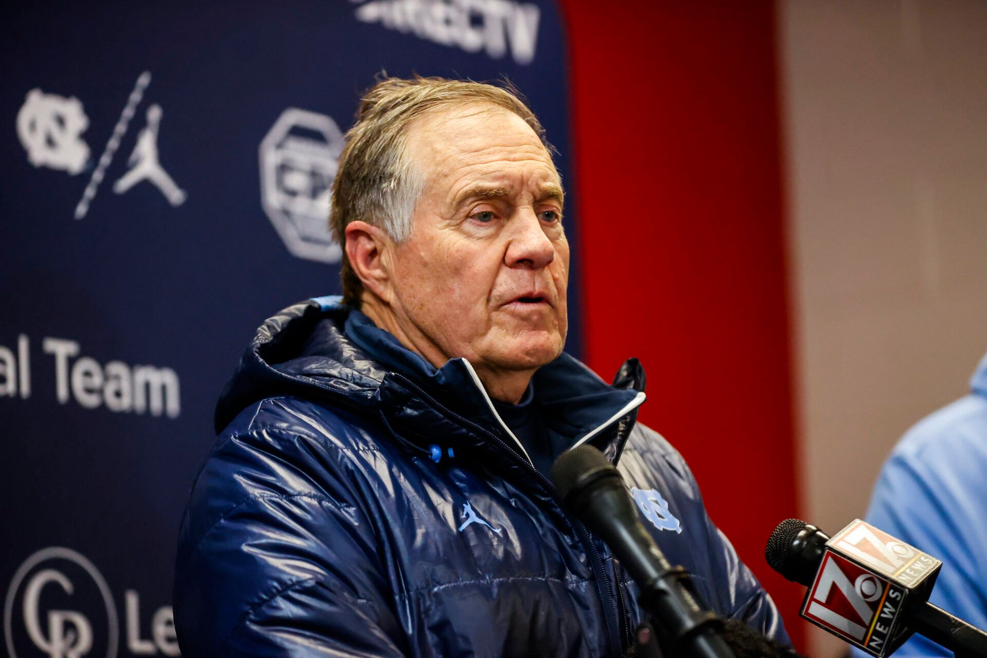 North Carolina Tar Heels head coach Bill Belichick addresses the media after the second half of the game against NC State Wolfpack at Carter-Finley Stadium.