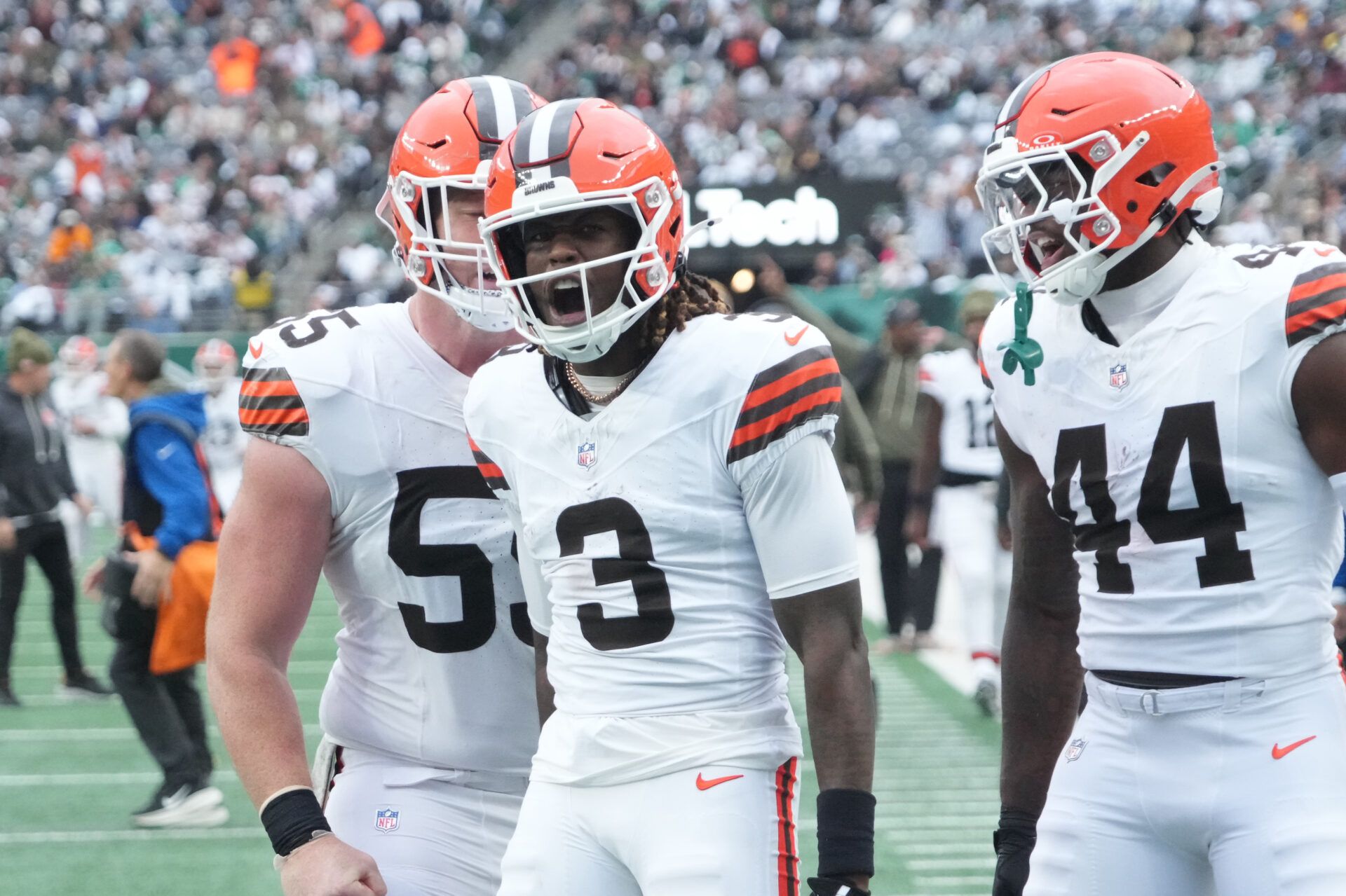 Cleveland Browns wide receiver Jerry Jeudy (3) after a first half touchdown reception against the New York Jets at MetLife Stadium.