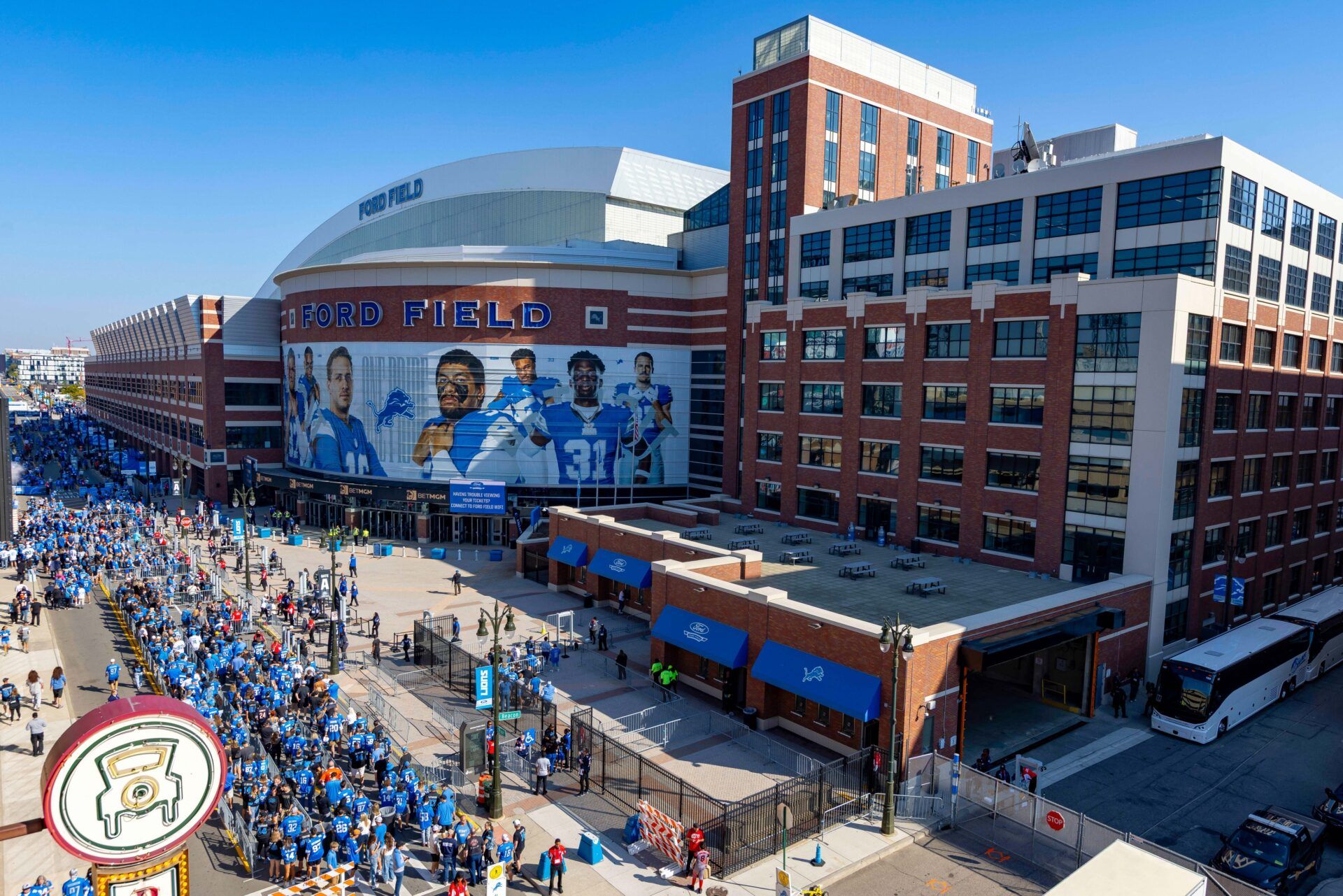 A general view of the exterior of the stadium as fans arrive prior to the game between the Chicago Bears and the Detroit Lions at Ford Field.