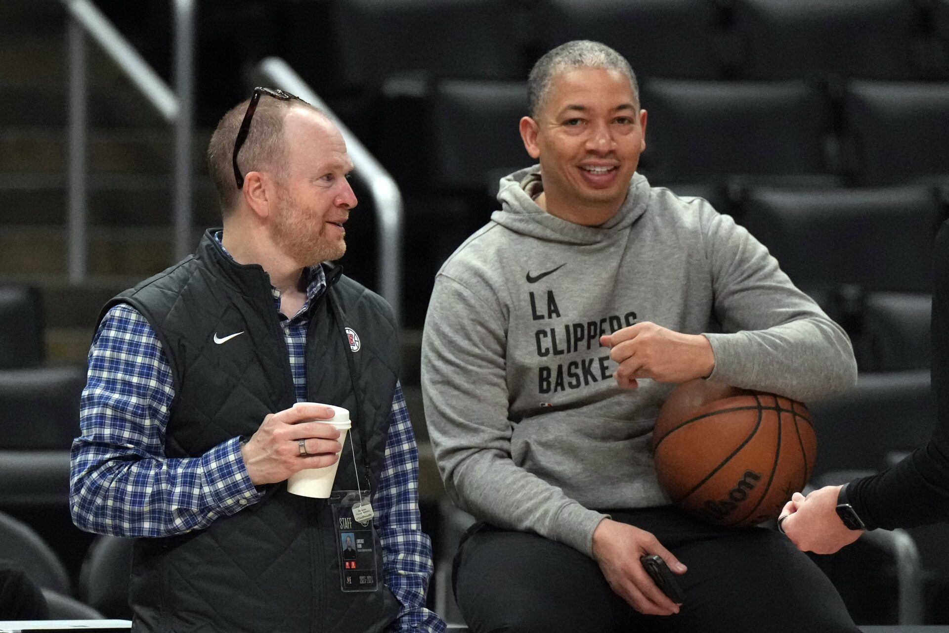 LA Clippers president of basketball operations Lawrence Frank (left) talks with coach Tyronn Lue before the game against the Sacramento Kings at Crypto.com Arena.