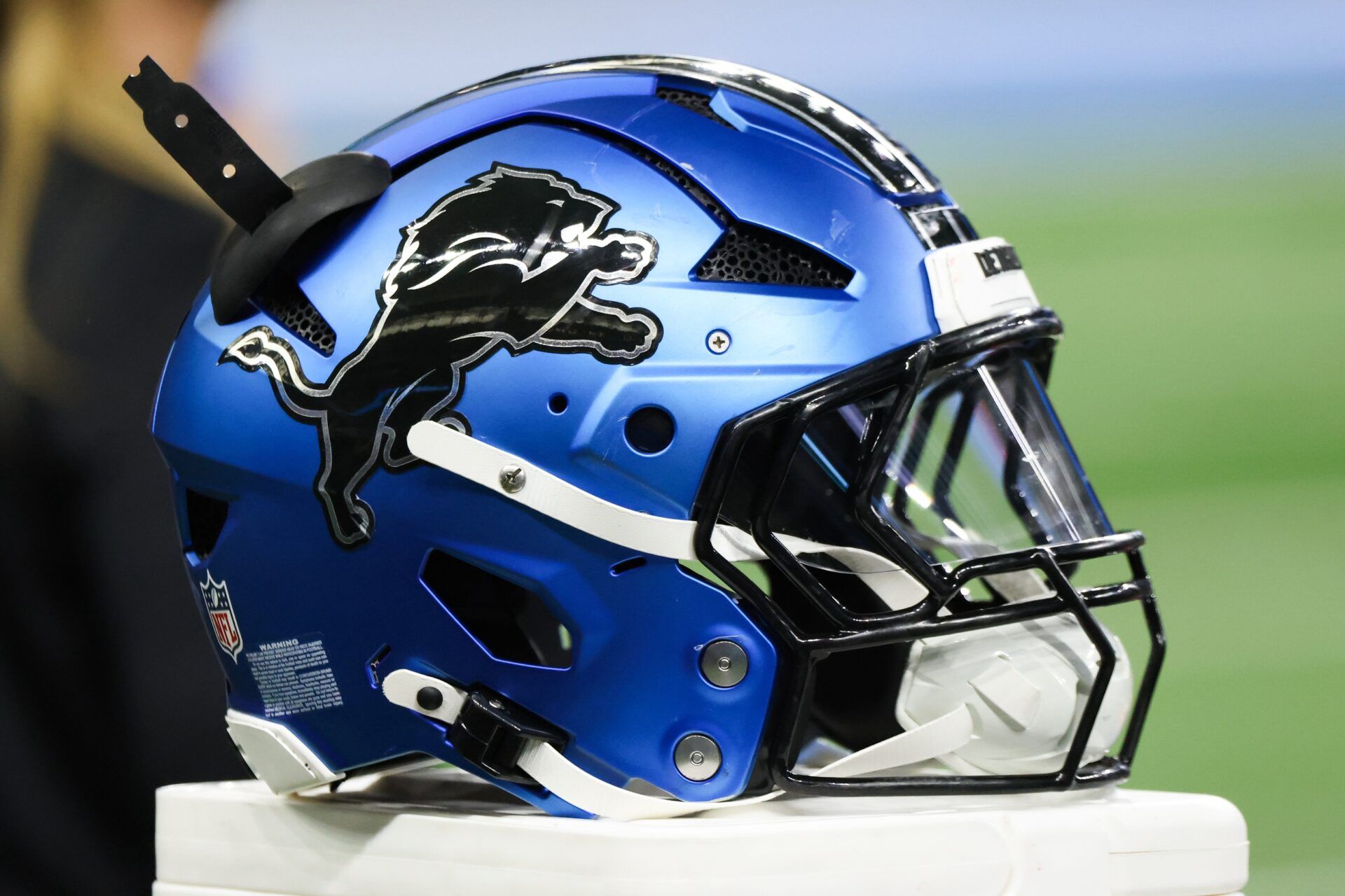 A general view of the Detroit Lions helmet during the game against the New York Giants at Ford Field.