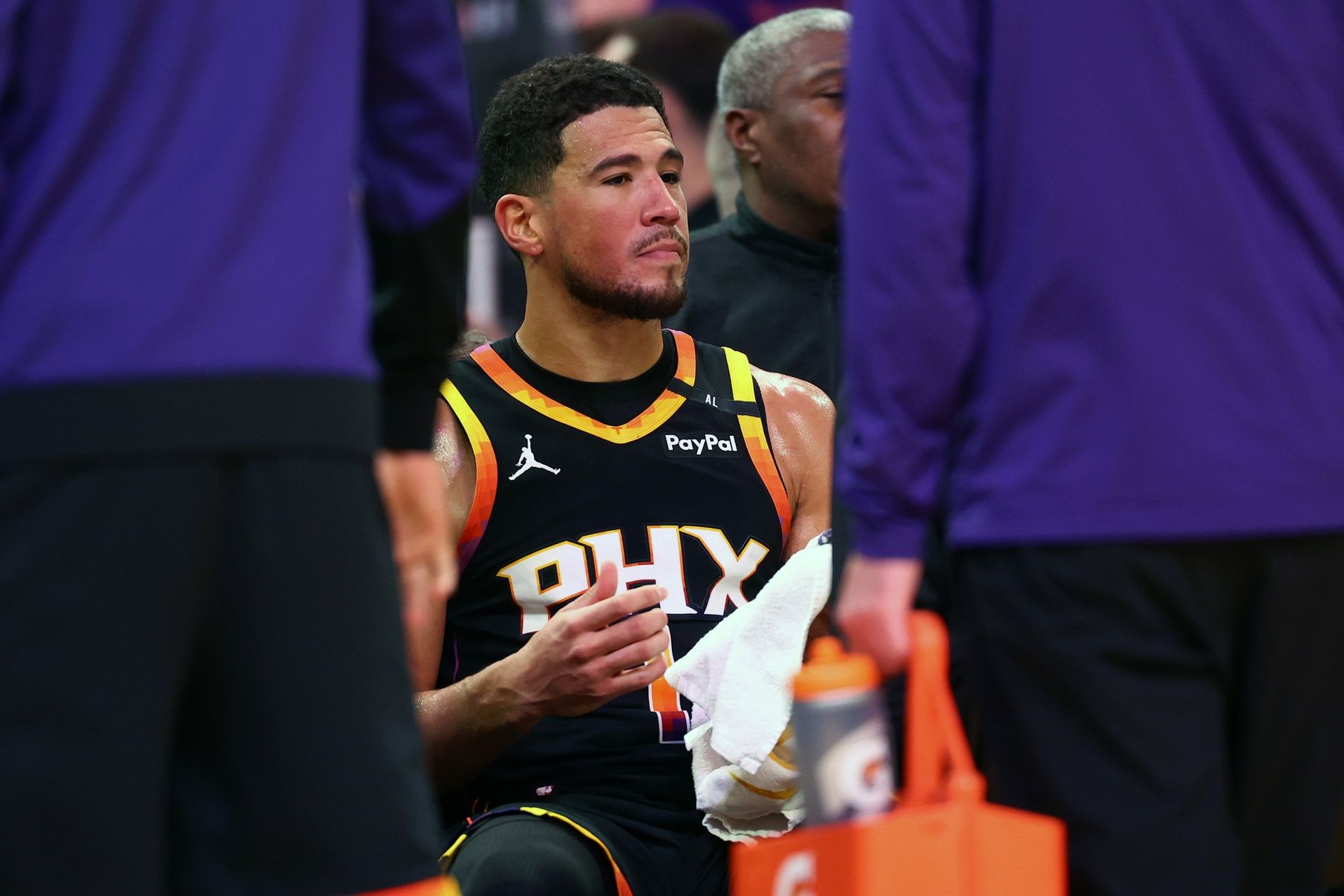 Phoenix Suns guard Devin Booker (1) reacts on the bench against the Oklahoma City Thunder during the second half at Footprint Center.