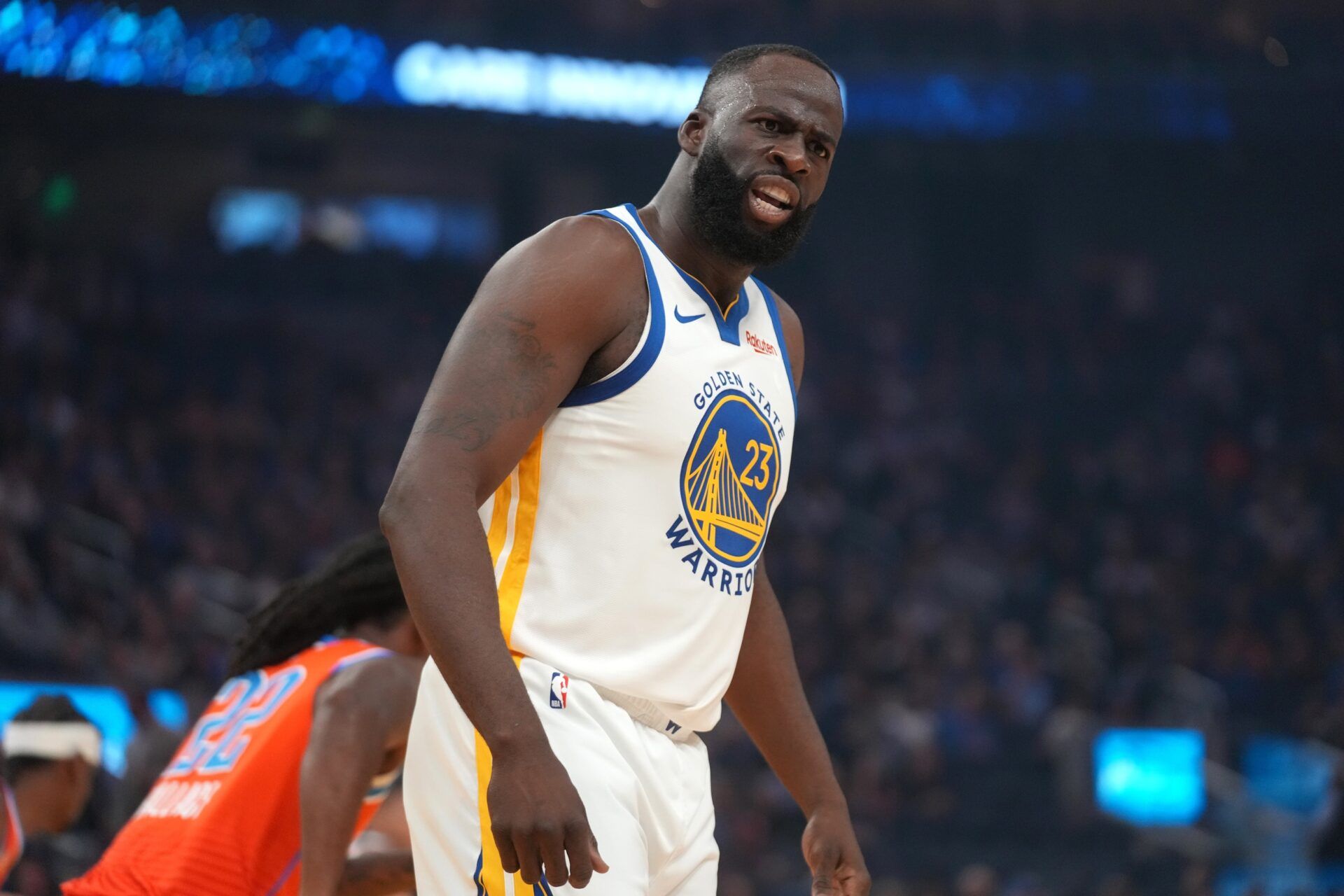 Golden State Warriors forward Draymond Green (23) reacts after missing a shot against the Oklahoma City Thunder in the first quarter at the Chase Center.